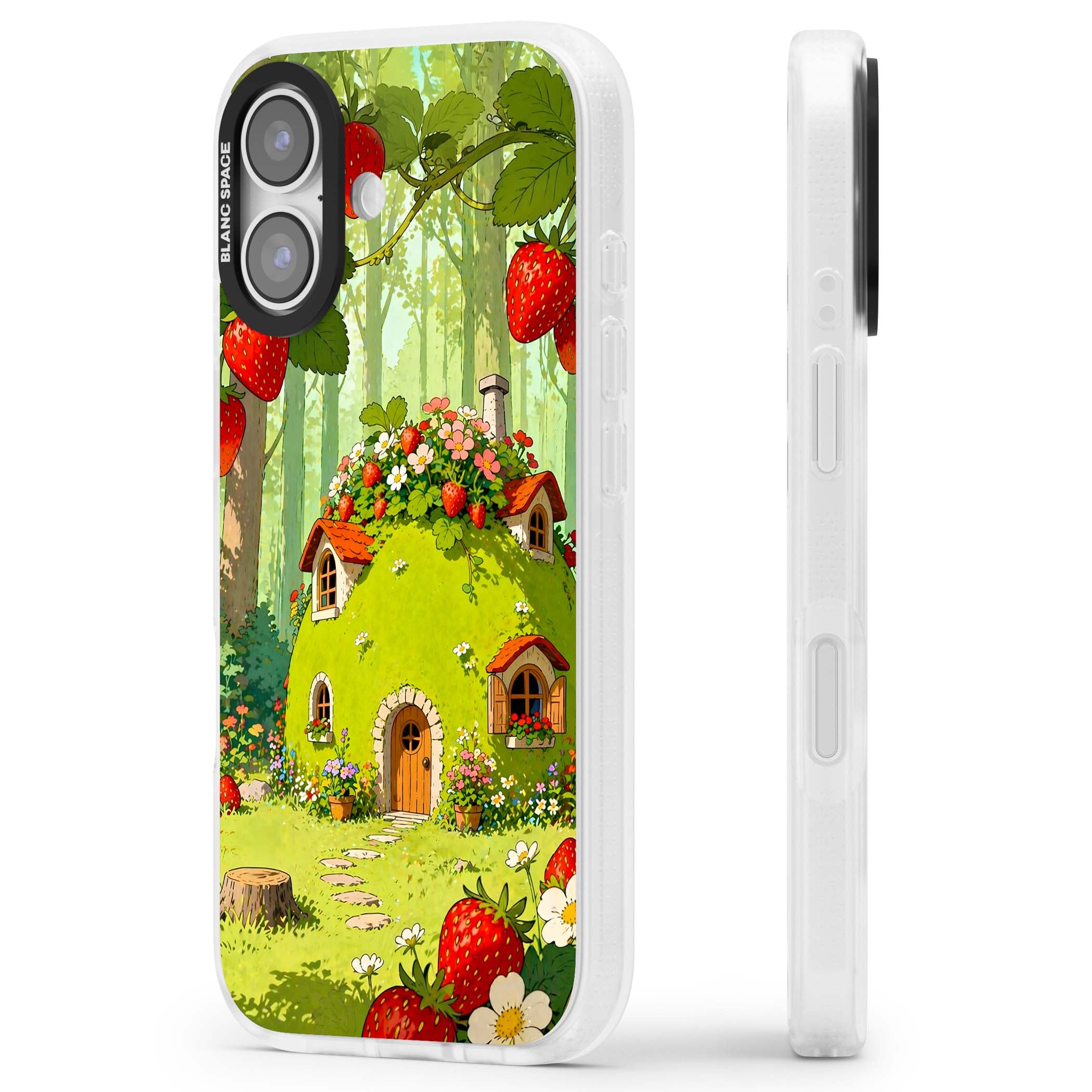 Strawberry Cottage cottagecore iPhone case featuring a green fairy house, wild strawberries and enchanted forest flowers | Clear Case Impact Air case for iPhone 17