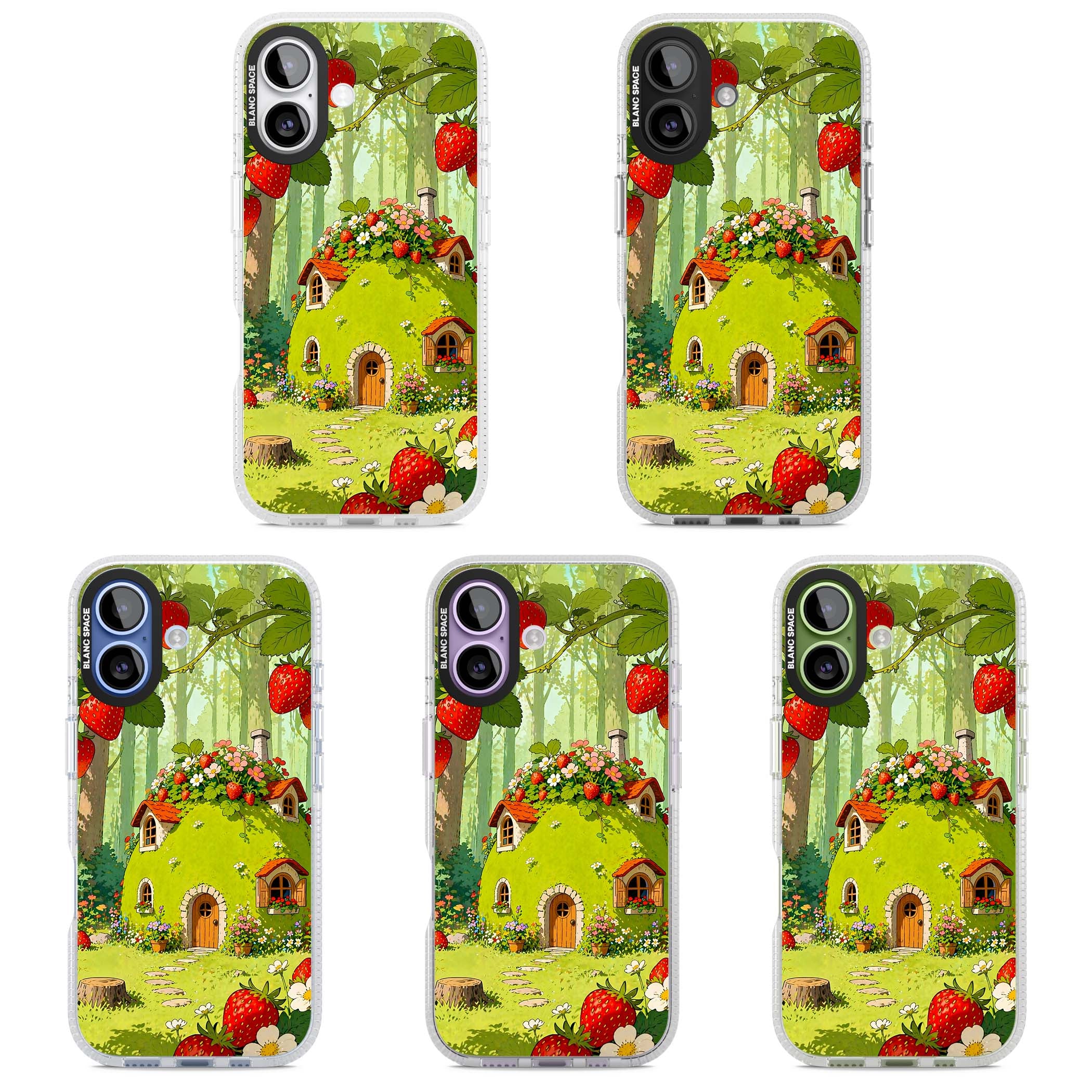 Strawberry Cottage cottagecore iPhone case featuring a green fairy house, wild strawberries and enchanted forest flowers | Clear Case Impact Air case for iPhone 17