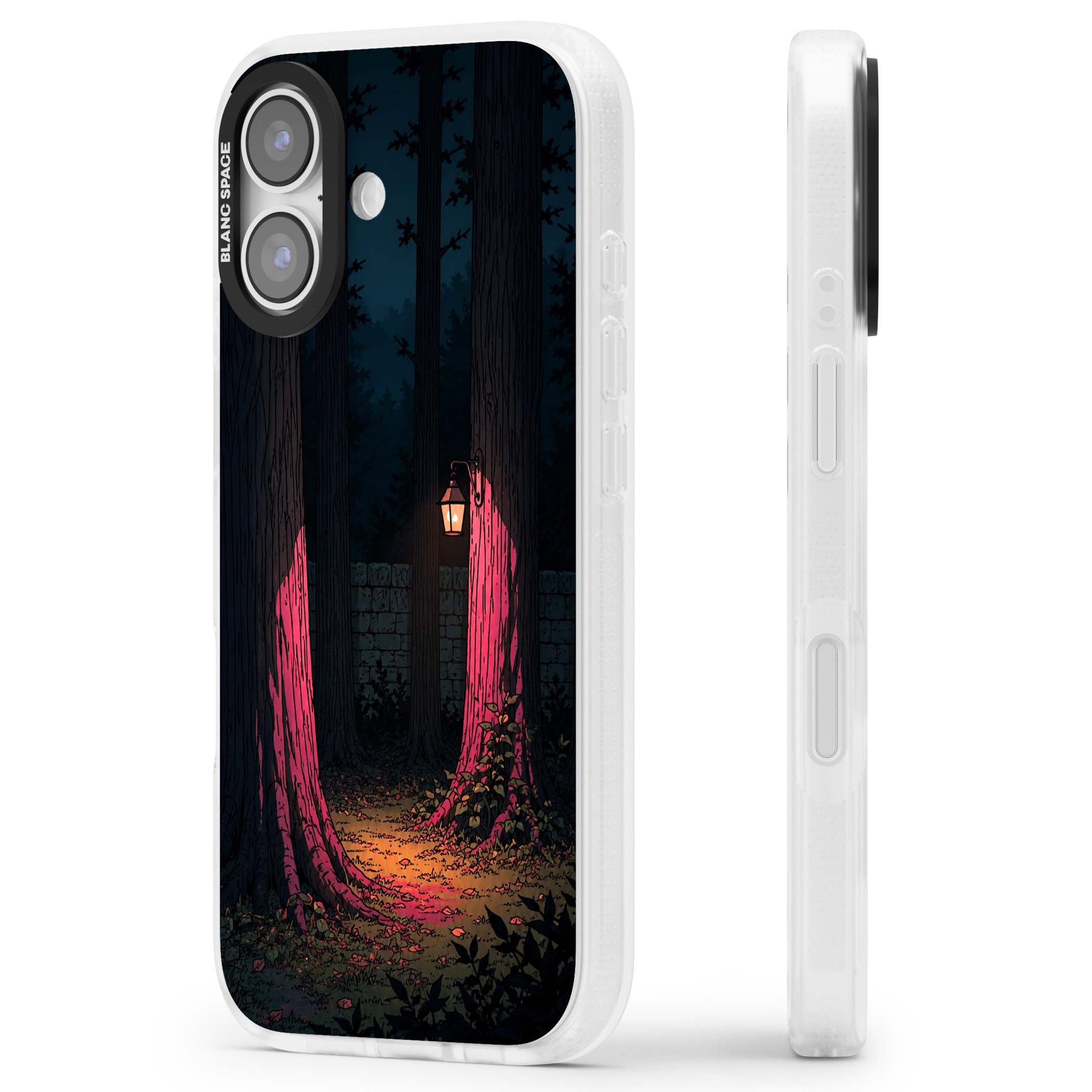 Forest Lantern dark academia iPhone case featuring a moonlit forest, glowing lantern, and stone wall pathway | Clear Case Impact Air case for iPhone 17