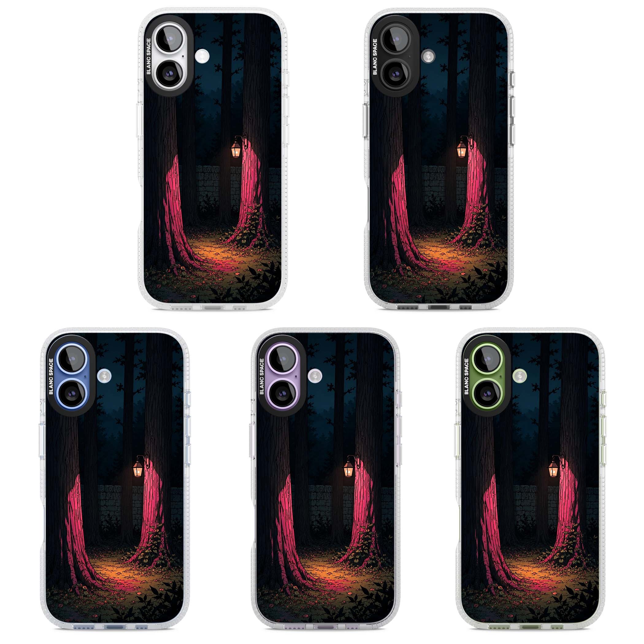 Forest Lantern dark academia iPhone case featuring a moonlit forest, glowing lantern, and stone wall pathway | Clear Case Impact Air case for iPhone 17