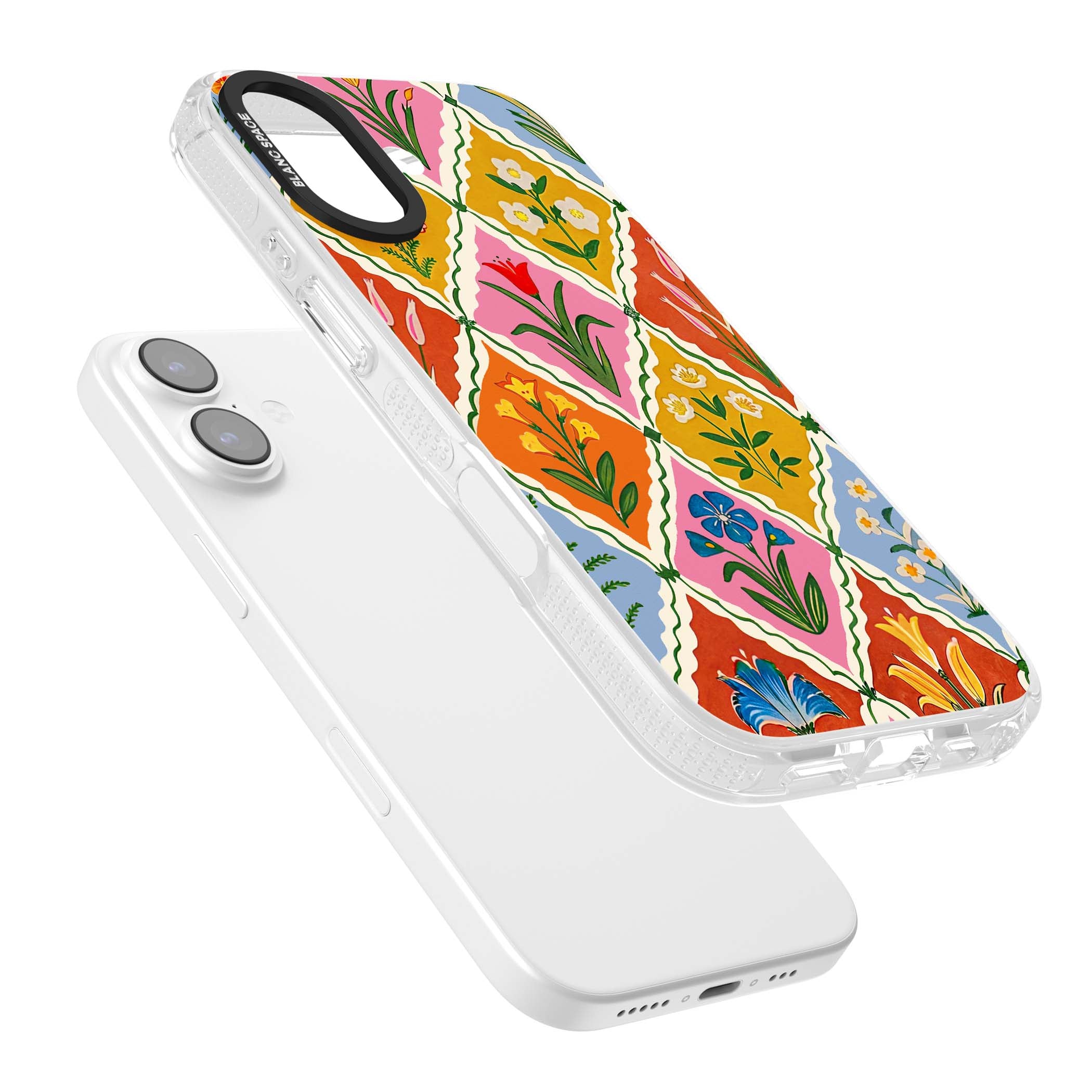 Floral Quilt boho floral iPhone case featuring diamond lattice pattern, hand-painted tulips and folk art wildflowers | Clear Case Impact Air case for iPhone 17