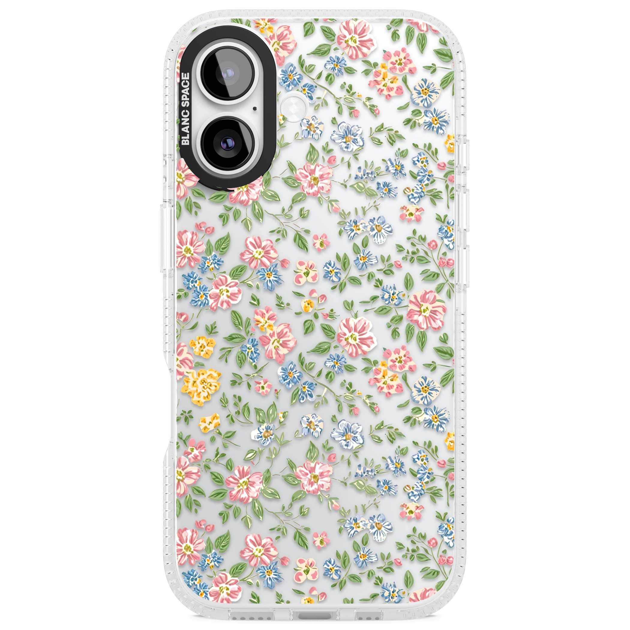 Soft Meadow cottagecore iPhone case featuring pink cosmos, blue forget-me-nots, yellow buttercups and green leaves sca | Clear Case Impact Air case for iPhone 17