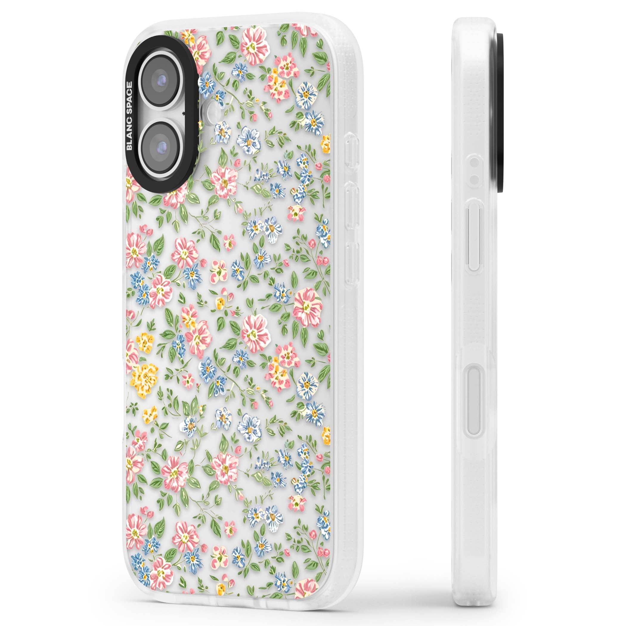 Soft Meadow cottagecore iPhone case featuring pink cosmos, blue forget-me-nots, yellow buttercups and green leaves sca | Clear Case Impact Air case for iPhone 17