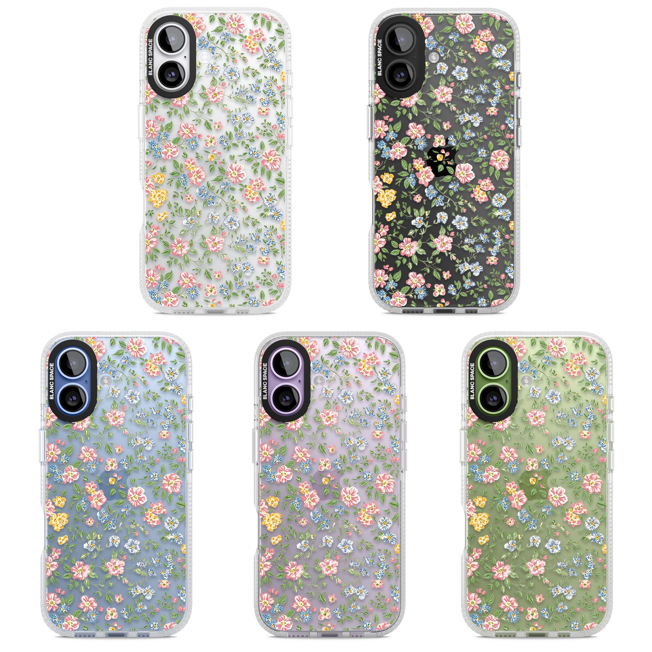 Soft Meadow cottagecore iPhone case featuring pink cosmos, blue forget-me-nots, yellow buttercups and green leaves sca | Clear Case Impact Air case for iPhone 17