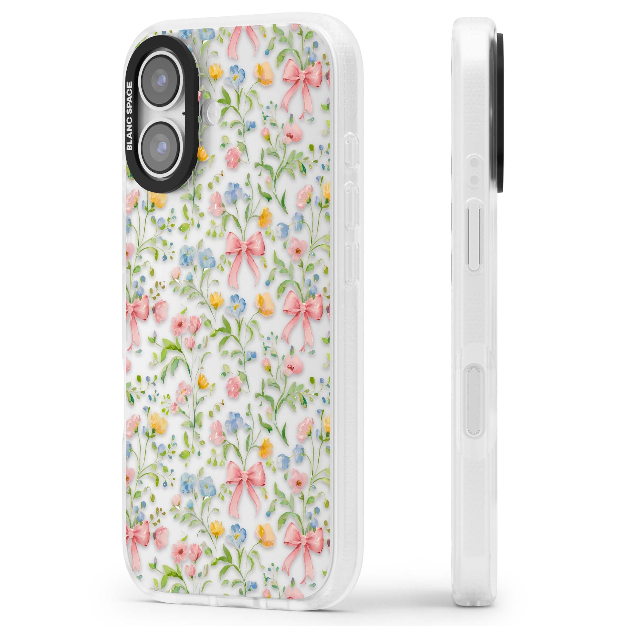 Ribbons & Wildflowers cottagecore iPhone case featuring watercolor wildflowers, pink satin bows, and delicate spring blooms o | Clear Case Impact Air case for iPhone 17