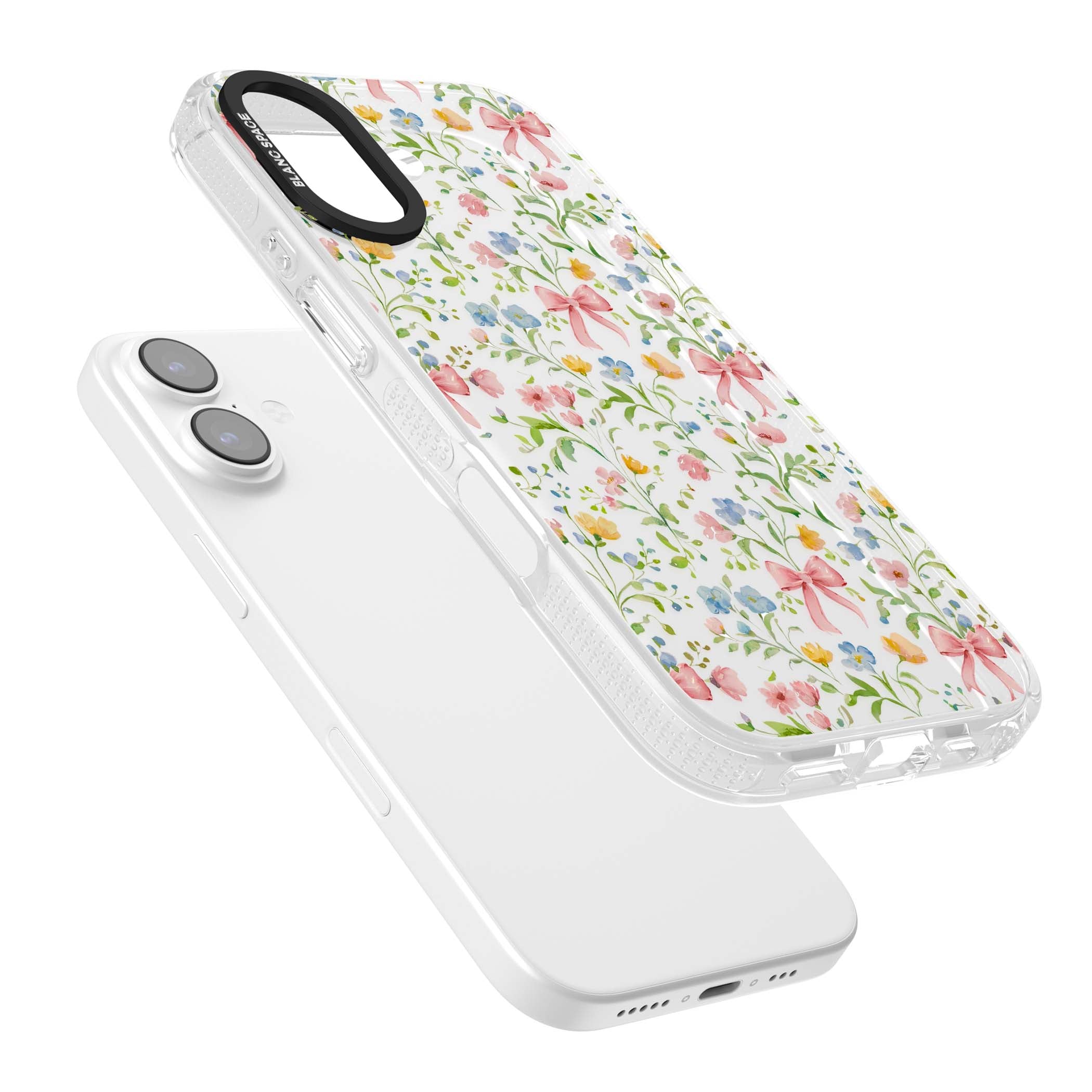 Ribbons & Wildflowers cottagecore iPhone case featuring watercolor wildflowers, pink satin bows, and delicate spring blooms o | Clear Case Impact Air case for iPhone 17