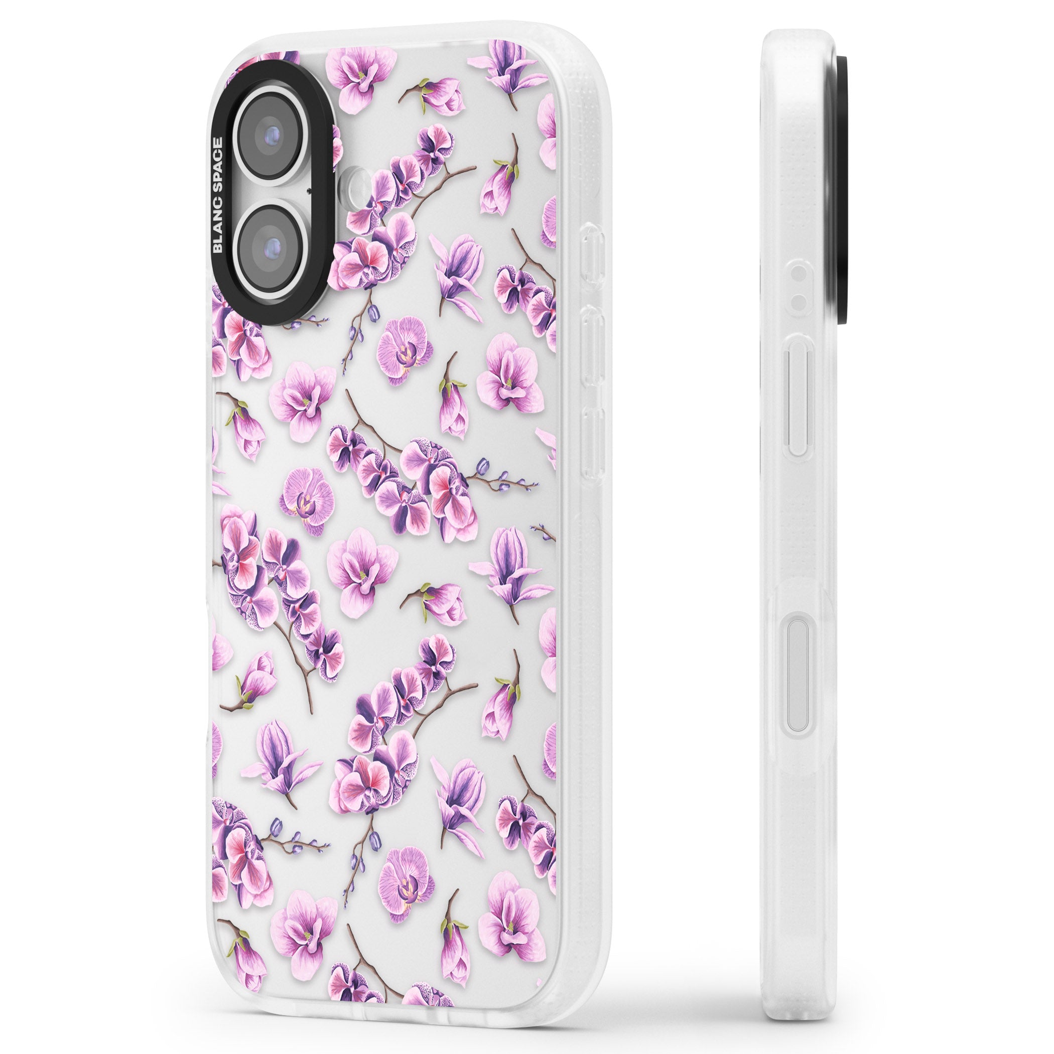 Purple Orchids Floral iPhone 17 Impact Air Clear Phone Case Side Profile