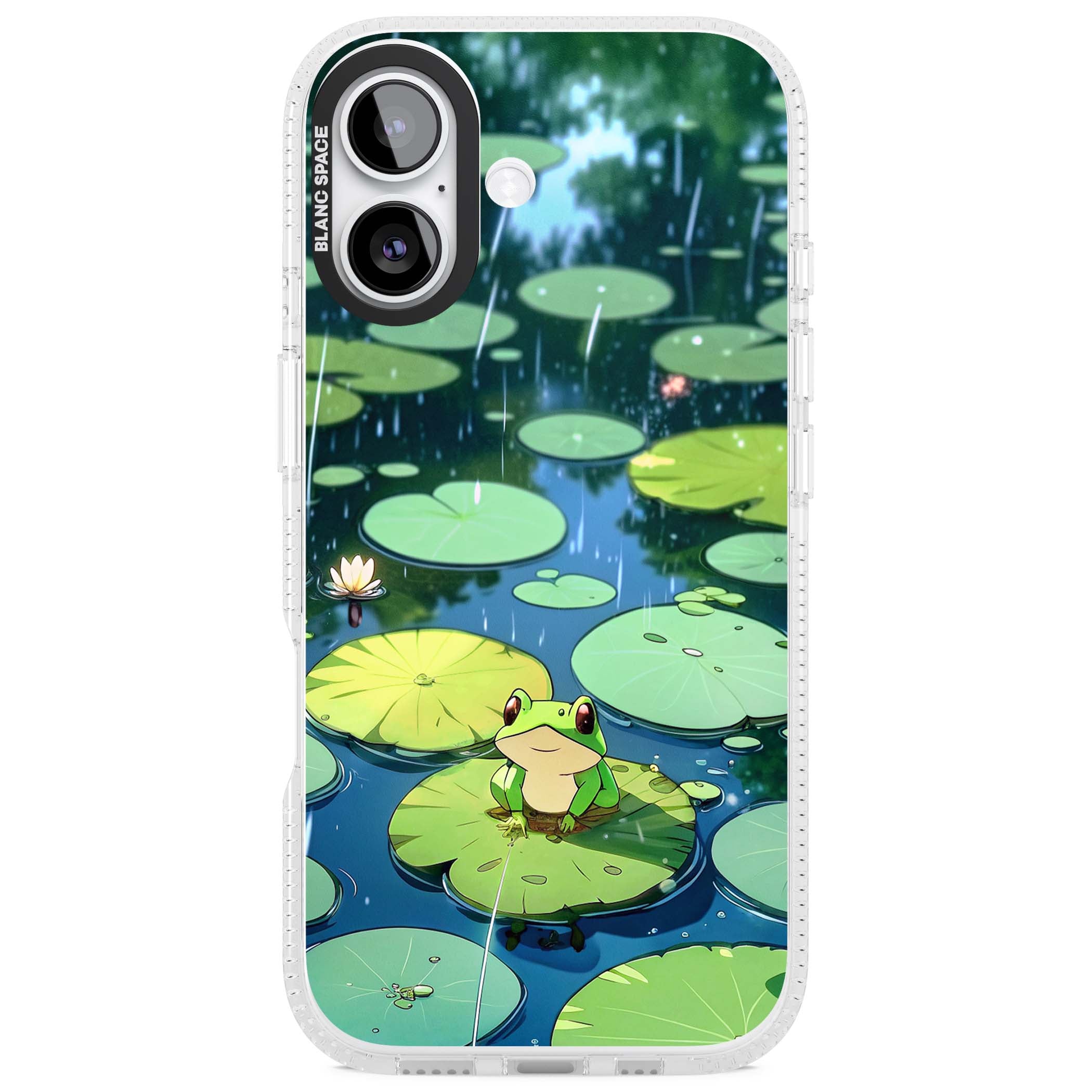 Frog In Lily Pond cottagecore iPhone case featuring a cute green frog on a lily pad with falling rain and a lotus flower | Clear Case Impact Air case for iPhone 17