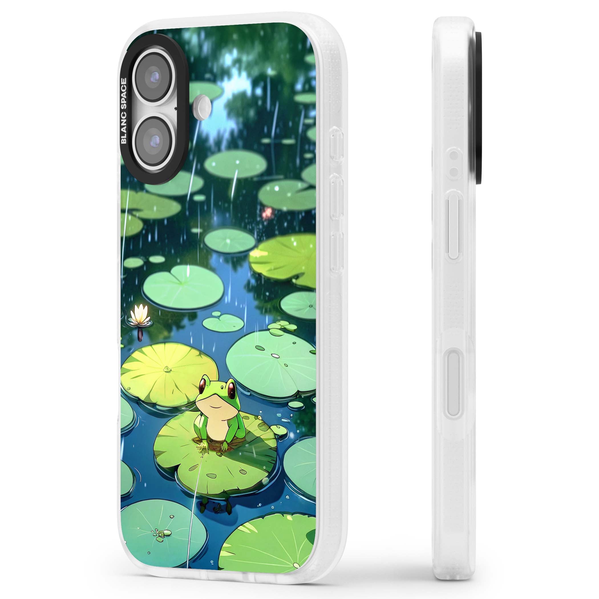 Frog In Lily Pond cottagecore iPhone case featuring a cute green frog on a lily pad with falling rain and a lotus flower | Clear Case Impact Air case for iPhone 17