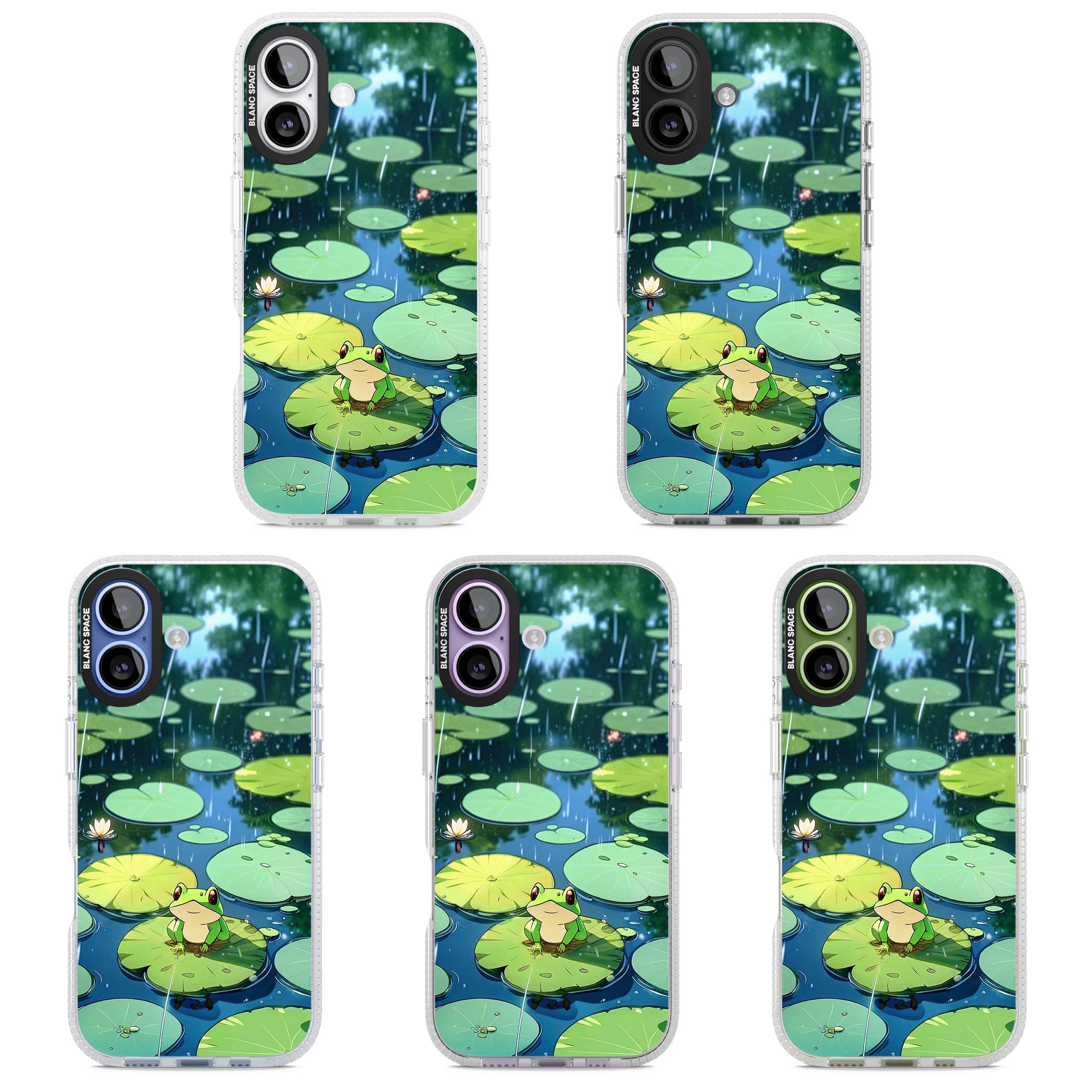 Frog In Lily Pond cottagecore iPhone case featuring a cute green frog on a lily pad with falling rain and a lotus flower | Clear Case Impact Air case for iPhone 17