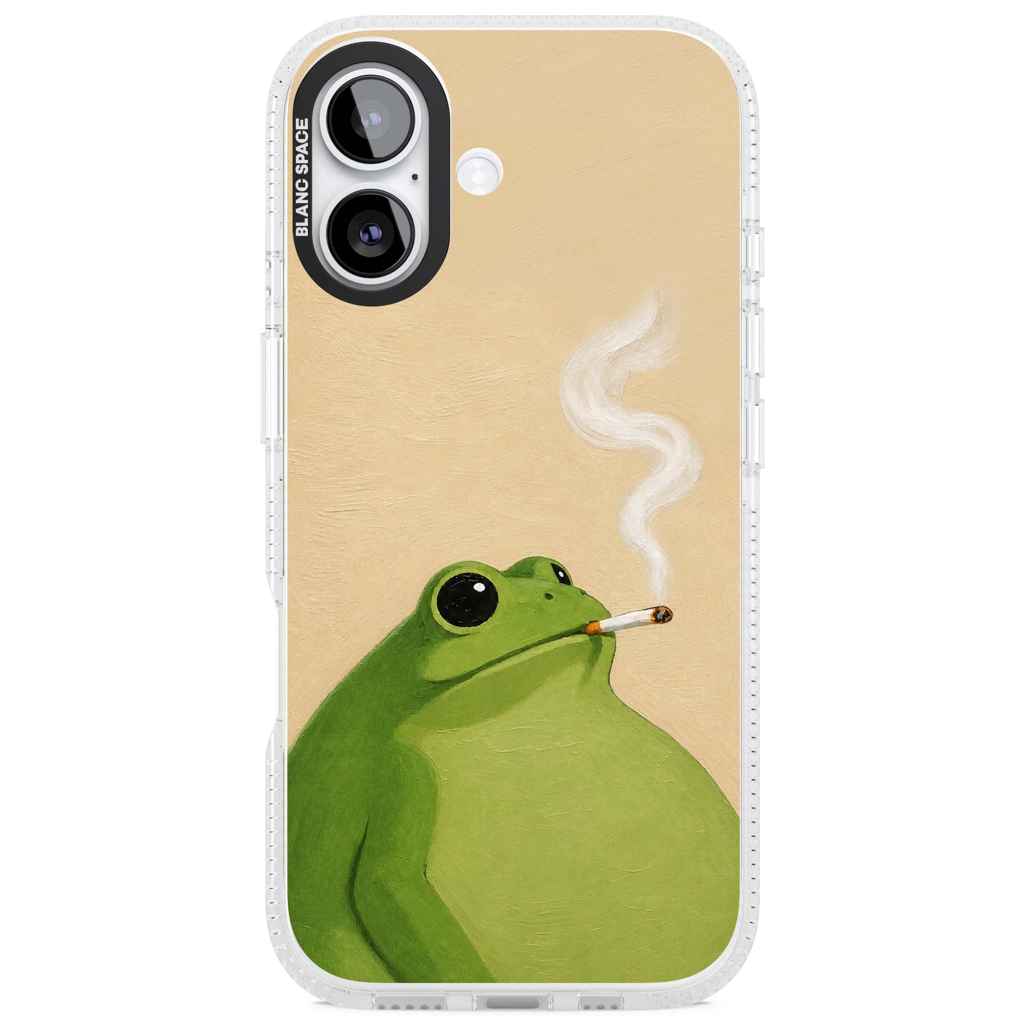The Smoking Frog cottagecore iPhone case featuring a hand-painted green frog smoking a cigarette on a cream oil painting back | Clear Case Impact Air case for iPhone 17