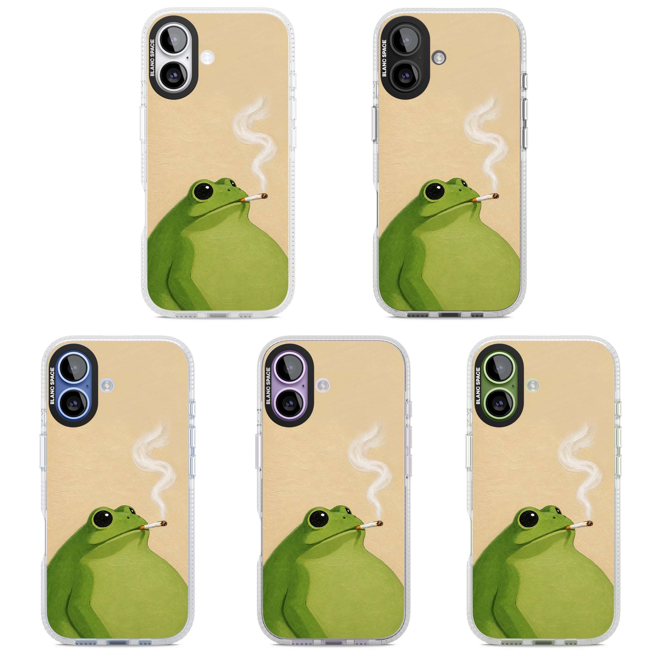 The Smoking Frog cottagecore iPhone case featuring a hand-painted green frog smoking a cigarette on a cream oil painting back | Clear Case Impact Air case for iPhone 17