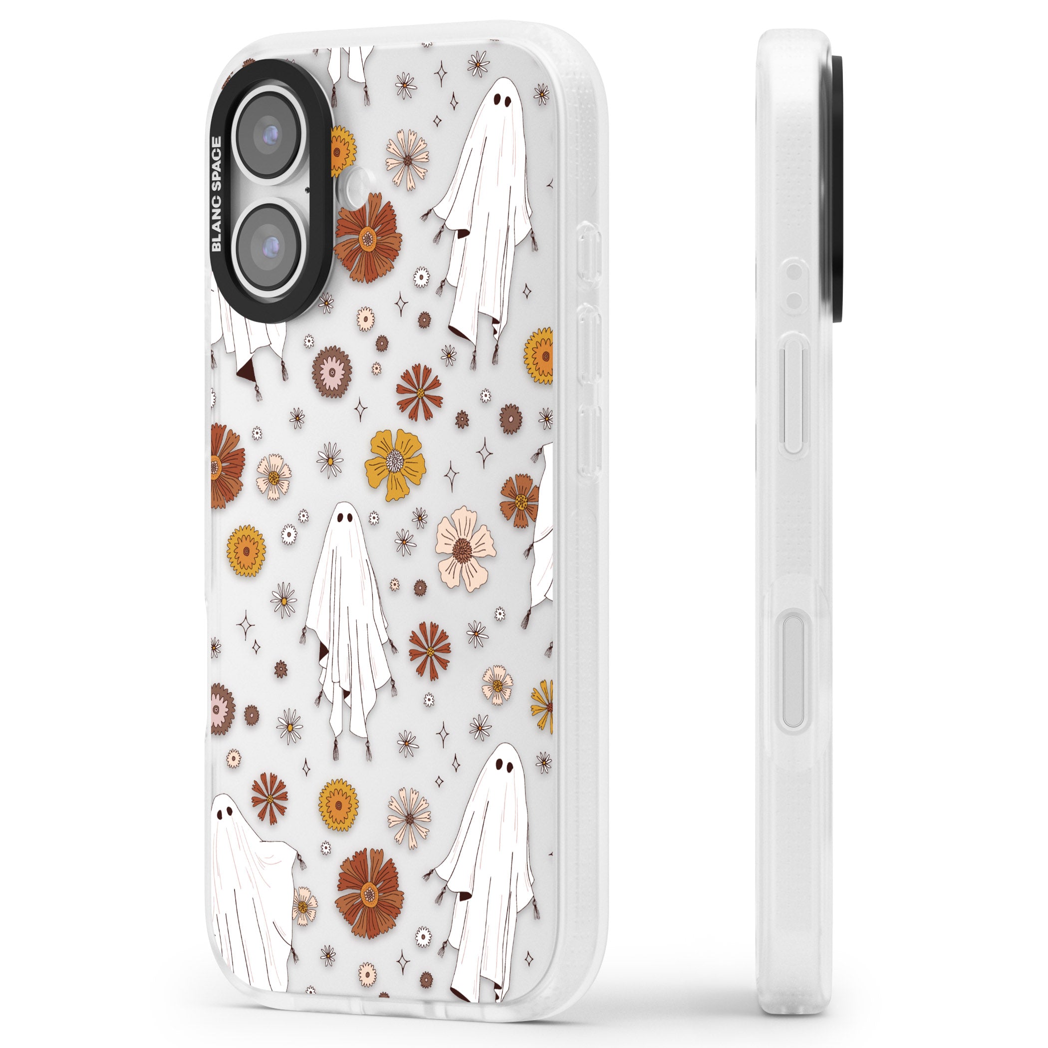 Halloween Ghosts And Flowers iPhone 17 Impact Air Clear Phone Case Side Profile
