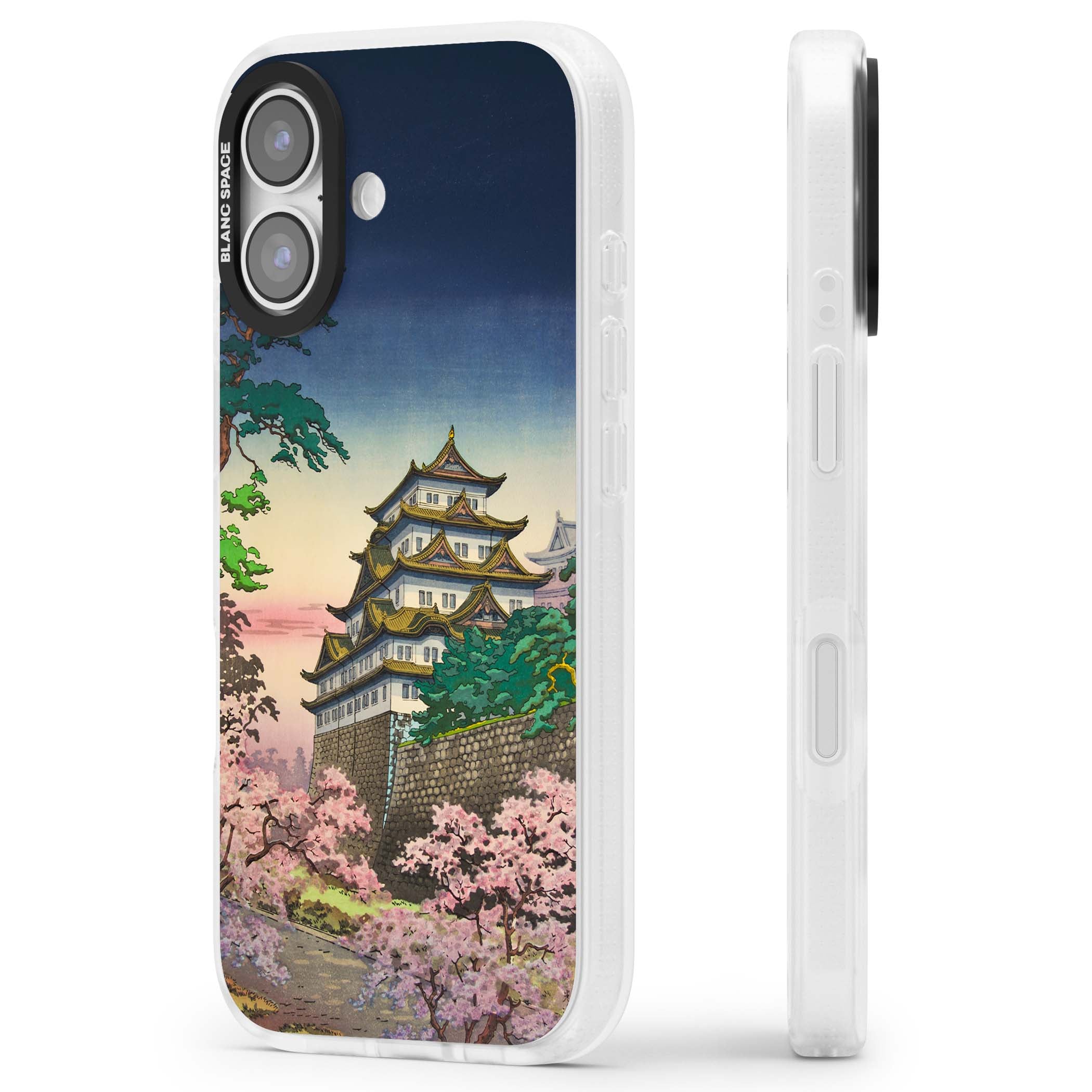 Nagoya Castle Japanese iPhone case featuring a vintage pagoda, twilight sky and cherry blossom trees | Clear Case Impact Air case for iPhone 17