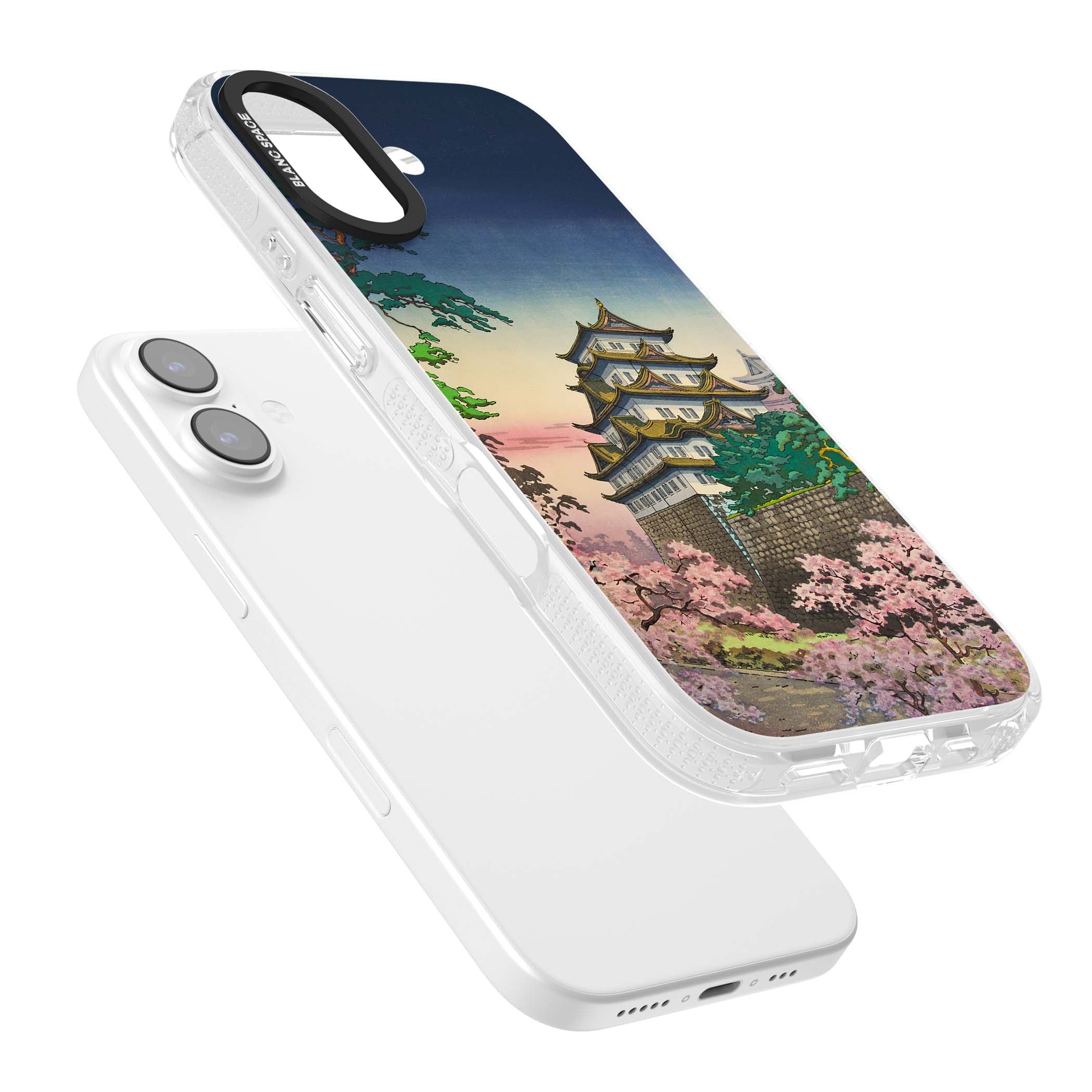 Nagoya Castle Japanese iPhone case featuring a vintage pagoda, twilight sky and cherry blossom trees | Clear Case Impact Air case for iPhone 17