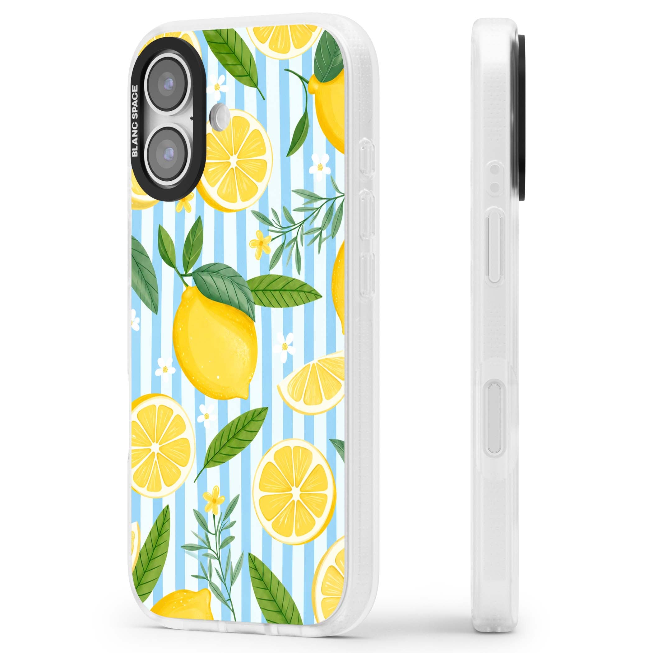 Capri Citrus Stripe coastal iPhone case featuring yellow lemons, blue stripes, and white daisy blossoms | Clear Case Impact Air case for iPhone 17