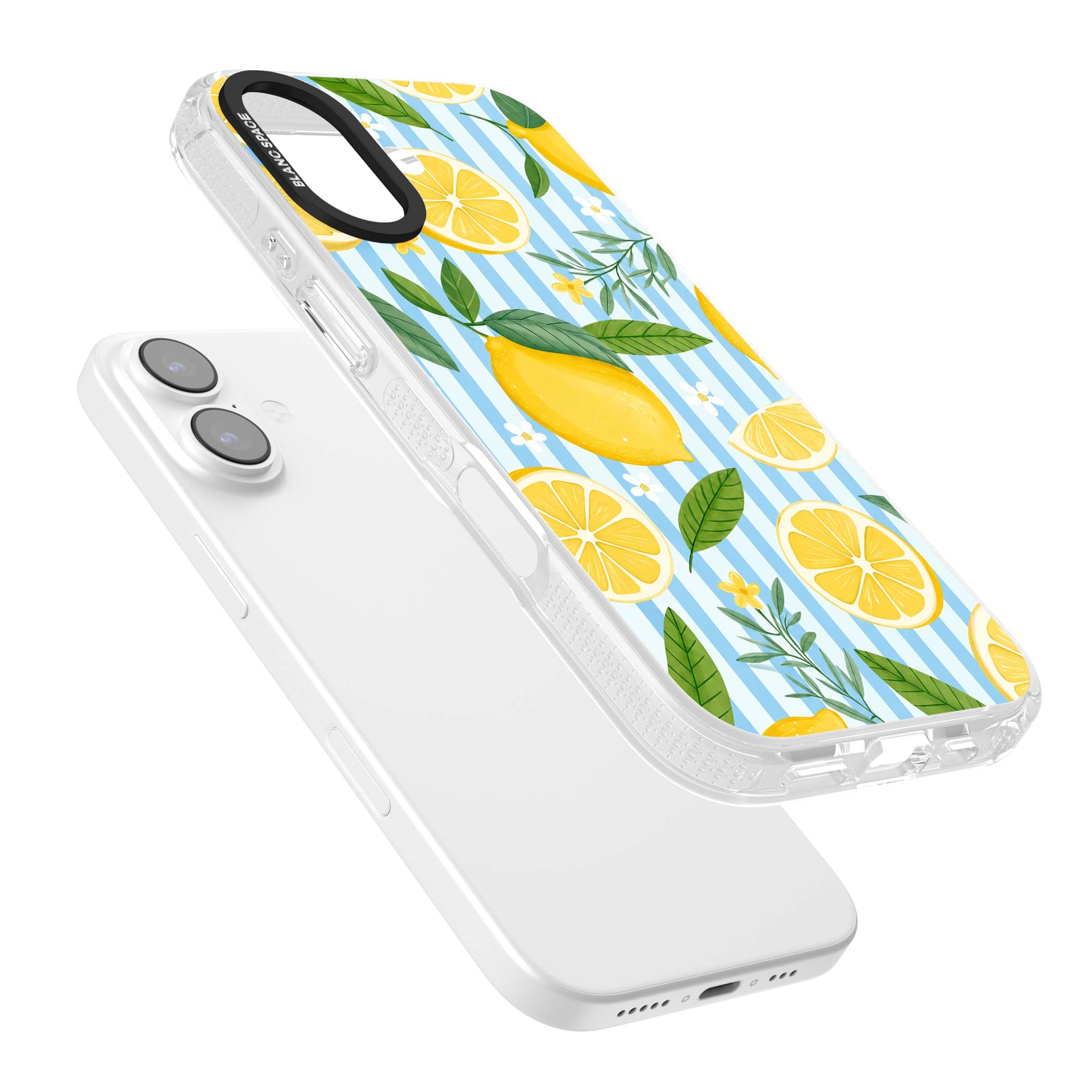 Capri Citrus Stripe coastal iPhone case featuring yellow lemons, blue stripes, and white daisy blossoms | Clear Case Impact Air case for iPhone 17