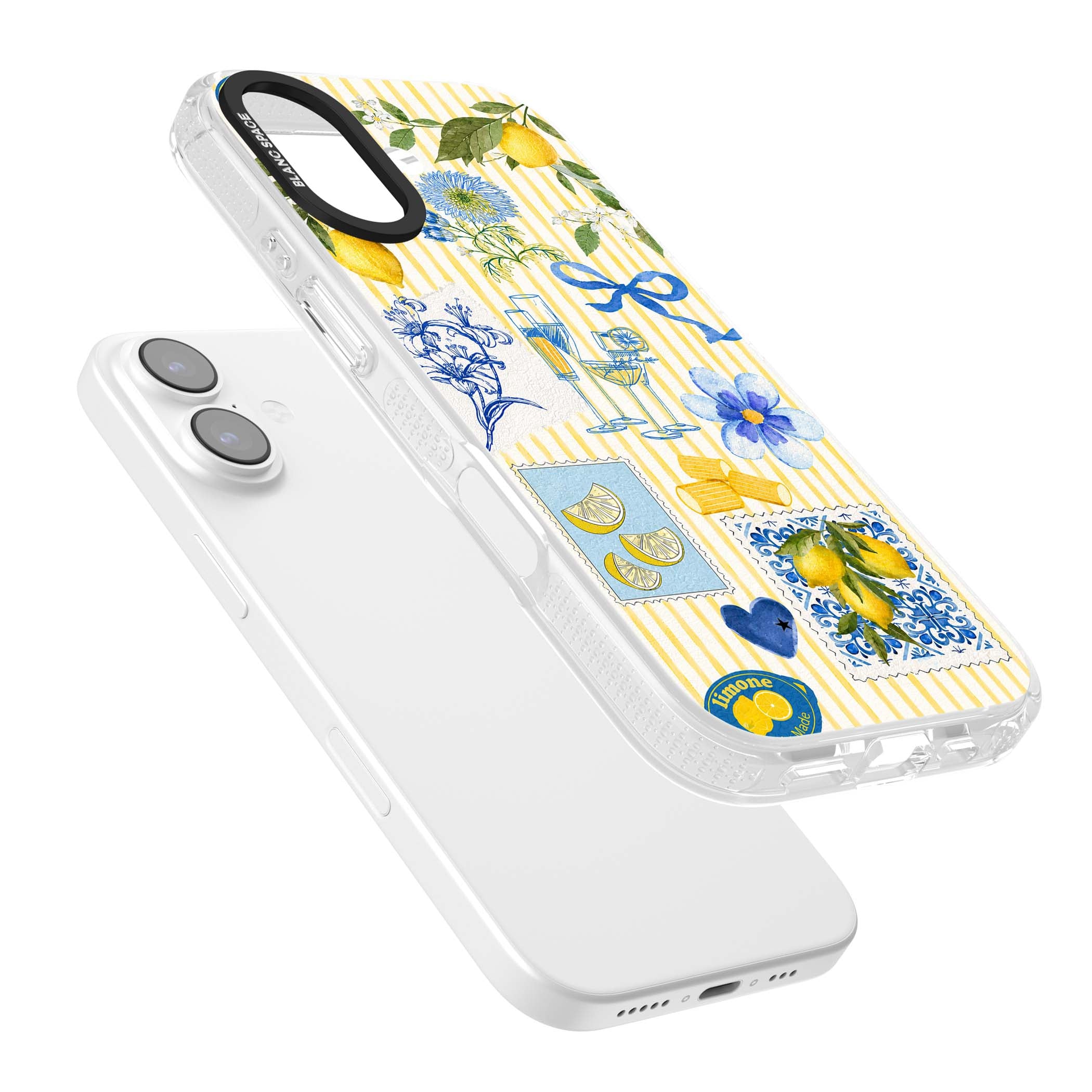 Limone Riviera Italian summer iPhone case featuring watercolour lemons, blue ribbon bows and majolica tile stamps on... | Clear Case Impact Air case for iPhone 17