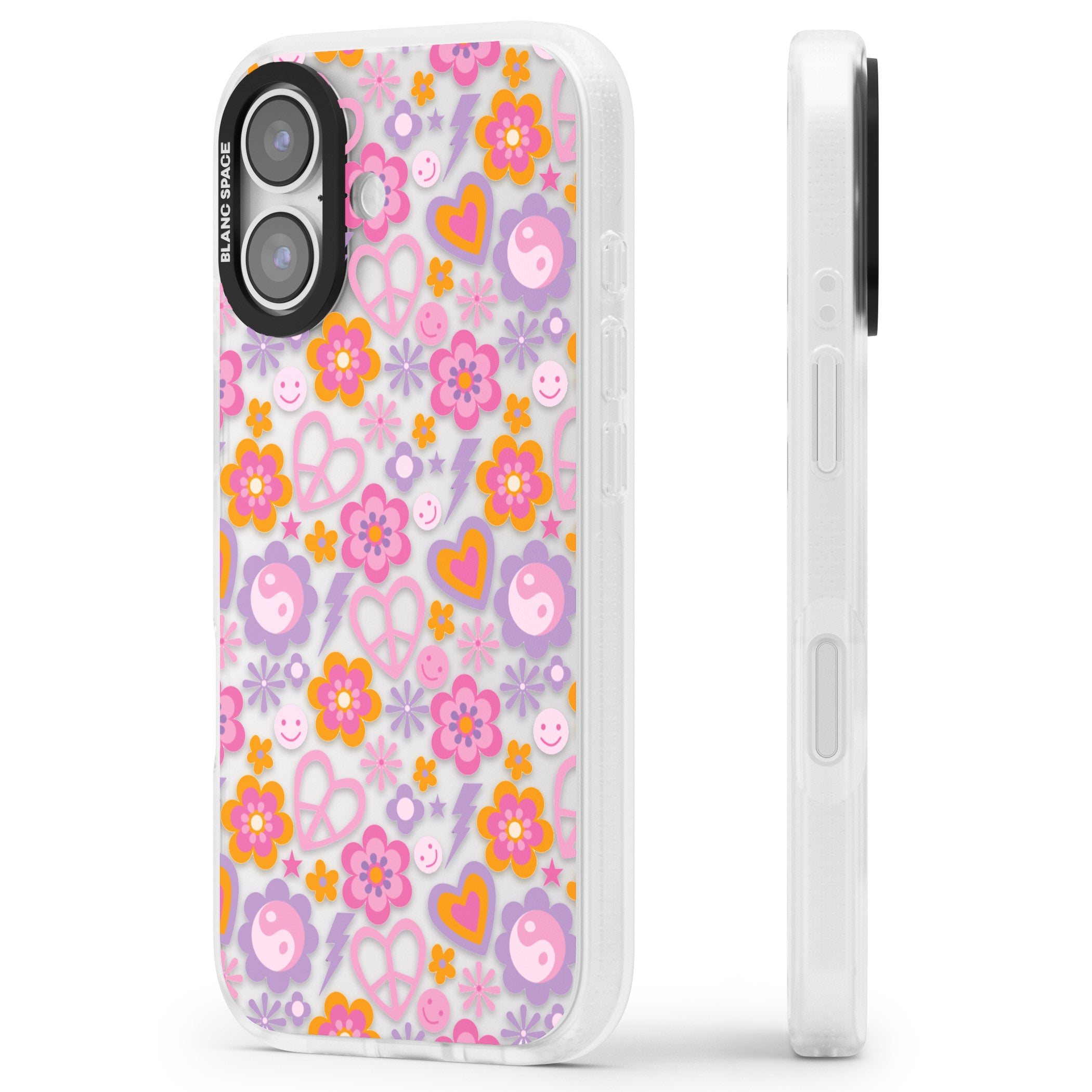 Peace, Love And Flowers Pattern iPhone 17 Impact Air Clear Phone Case Side Profile