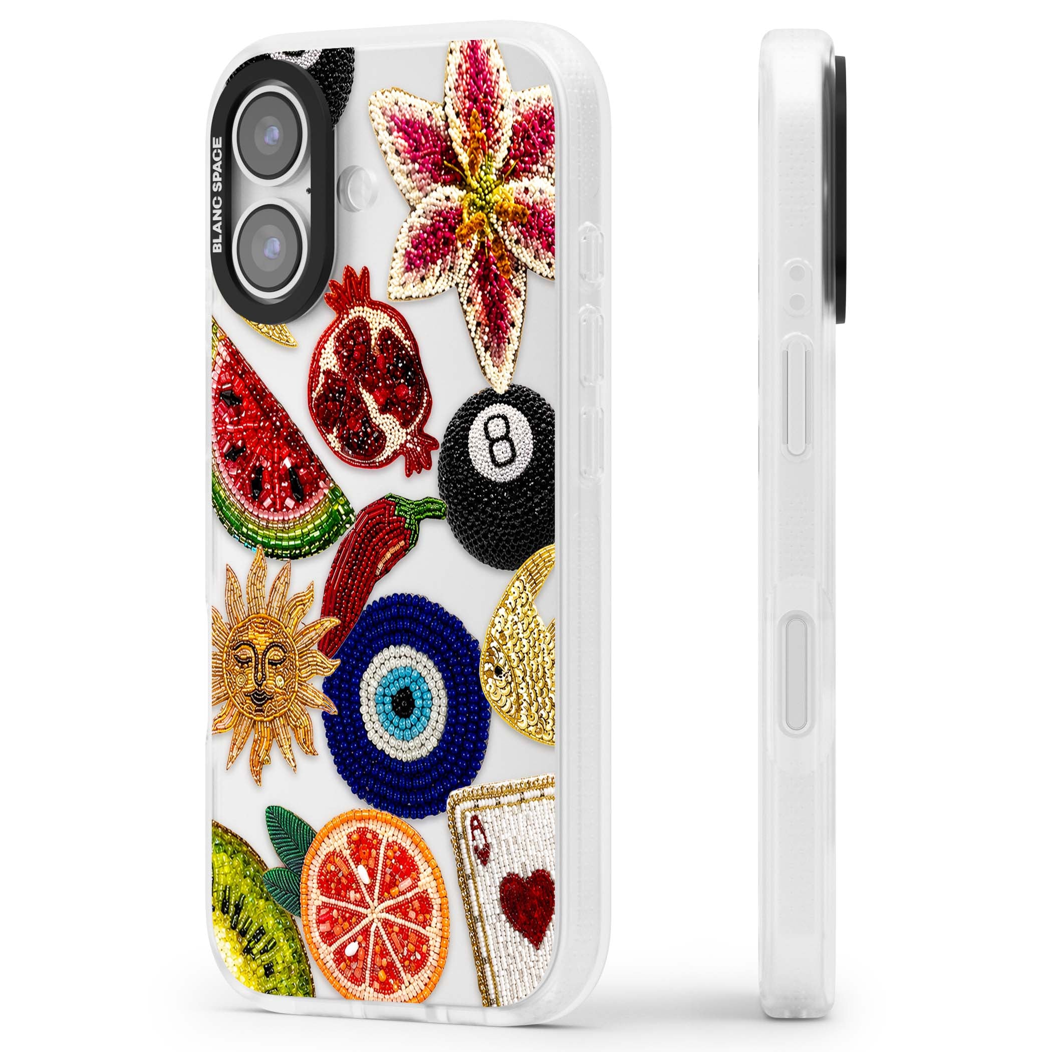 Beaded Charms embroidery iPhone case featuring beaded evil eye, fruit patches and a golden sun motif | Clear Case Impact Air case for iPhone 17