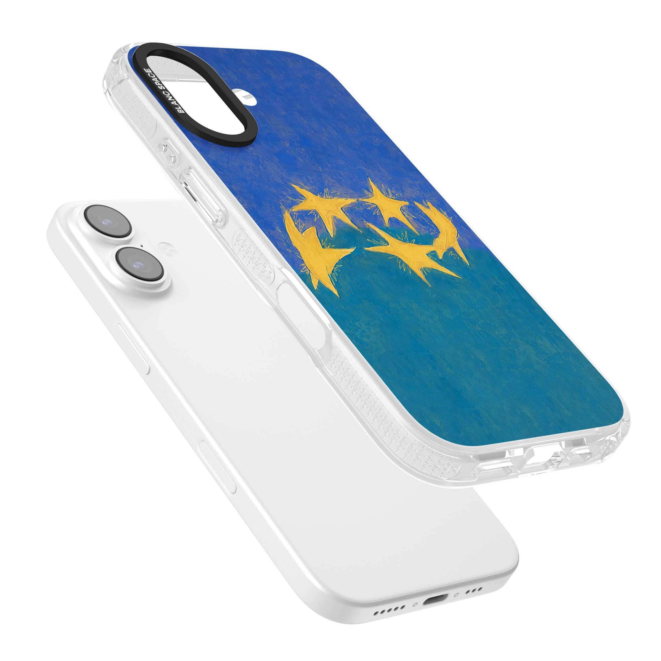 Star Boogie stars aesthetic iPhone case featuring five yellow hand-painted stars on cobalt blue and teal | Clear Case Impact Air case for iPhone 17