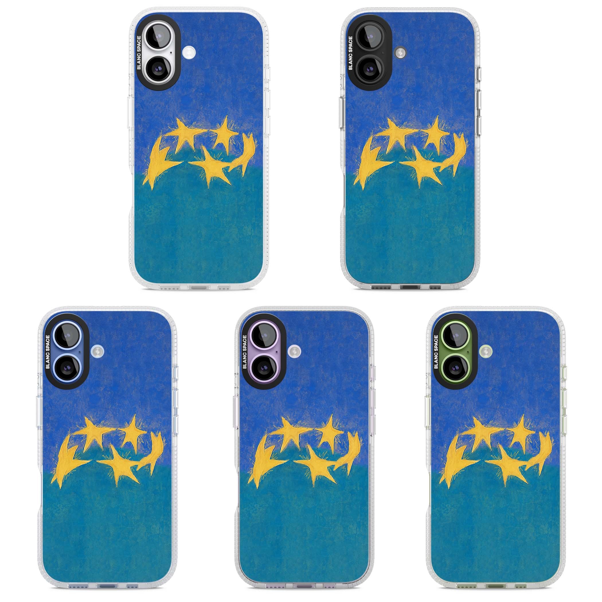 Star Boogie stars aesthetic iPhone case featuring five yellow hand-painted stars on cobalt blue and teal | Clear Case Impact Air case for iPhone 17