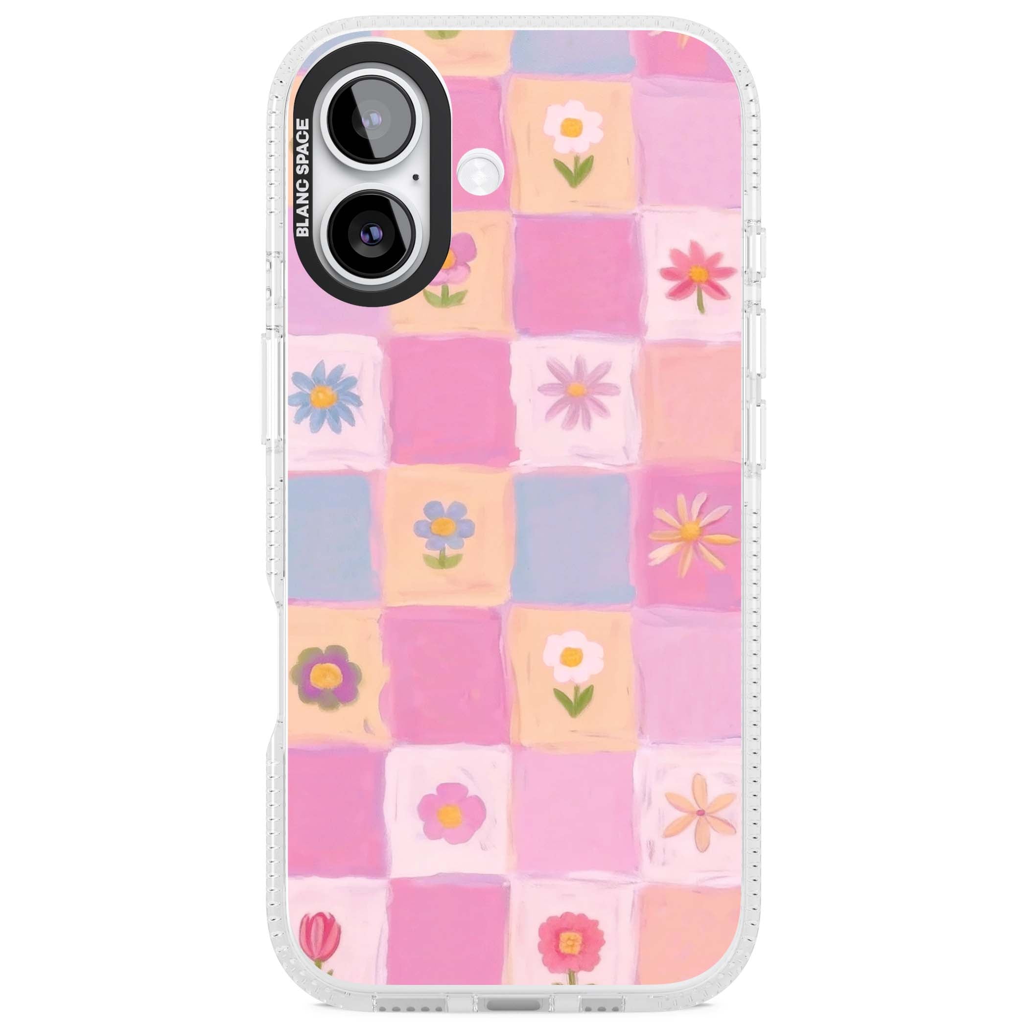 Pastel Flower Patchwork cottagecore iPhone case featuring painted pink and lilac squares with daisies and wildflowers | Clear Case Impact Air case for iPhone 17