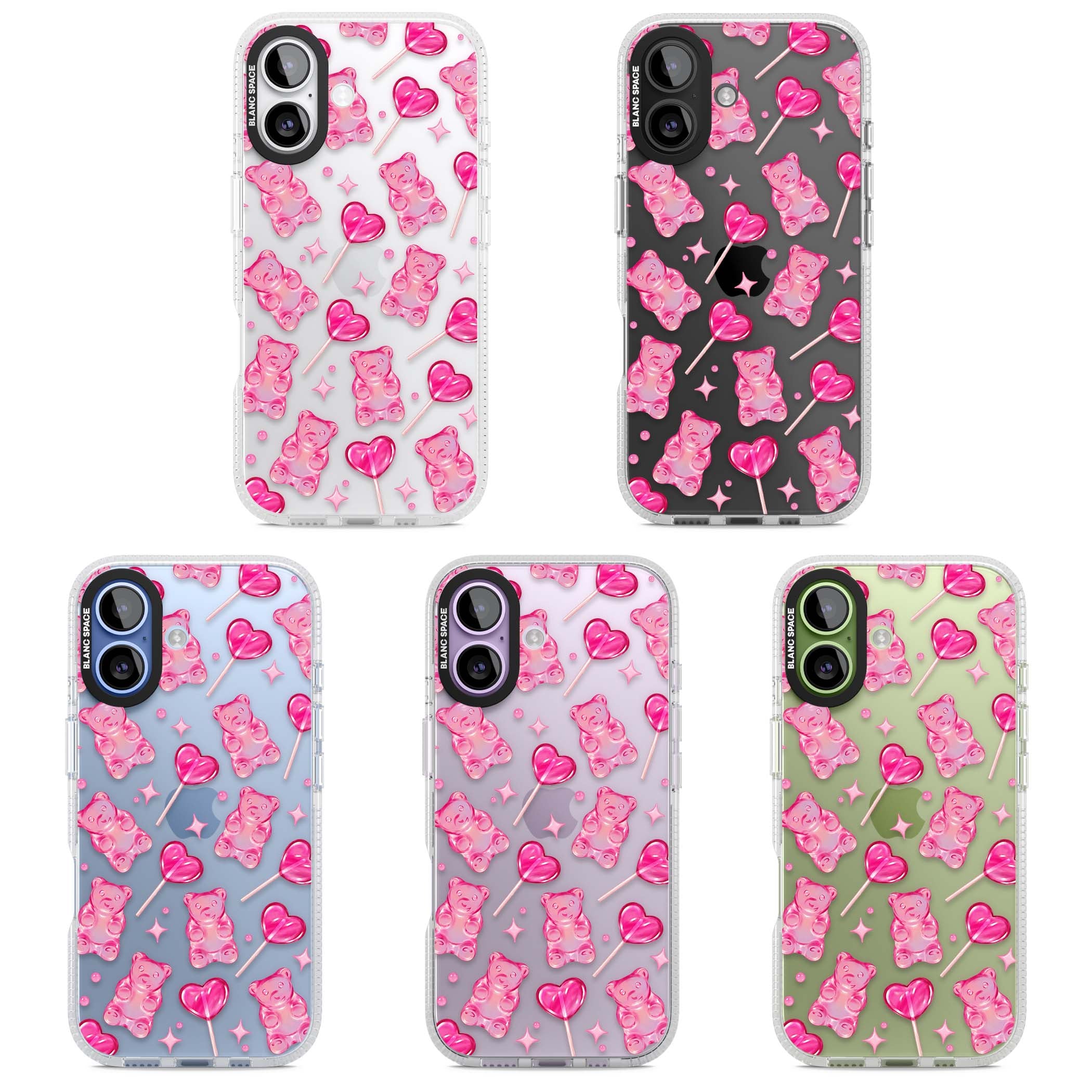 Pink Sugar pinkcore iPhone case featuring pink gummy bears, heart-shaped lollipops and sparkle stars | Clear Case Impact Air case for iPhone 17
