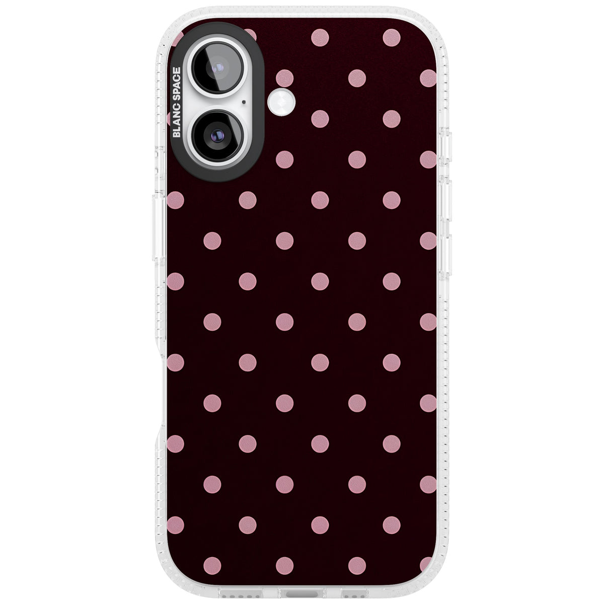 Merlot Dots polka dot iPhone case featuring dusty pink spots on a deep burgundy background in a retro grid iPhone 16 / iPhone 16 Plus / iPhone 17 Impact Air Phone Case front