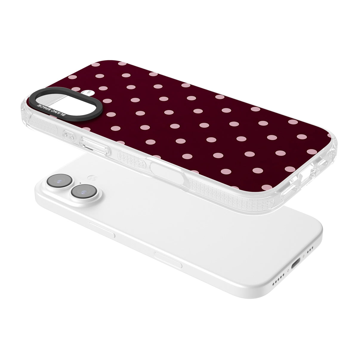 Merlot Dots polka dot iPhone case featuring dusty pink spots on a deep burgundy background in a retro grid iPhone 16 / iPhone 16 Plus / iPhone 17 Impact Air Phone Case angled