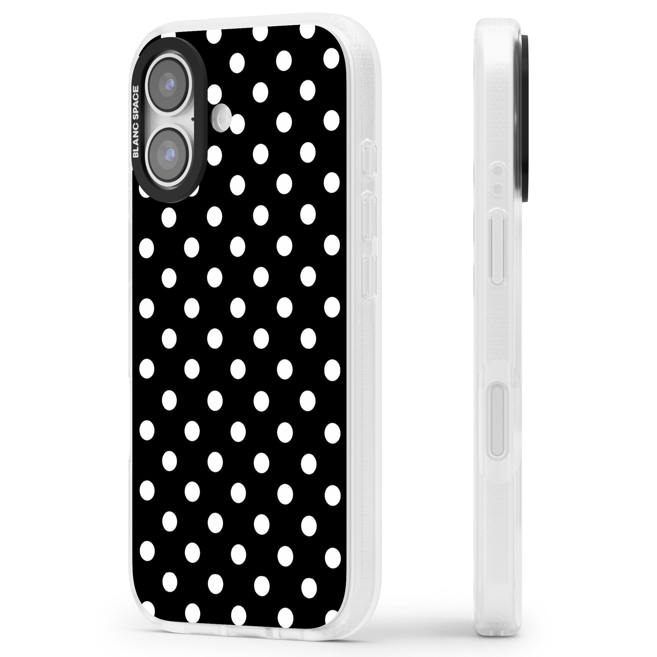 Designer Chic Black Polka Dot iPhone 17 Impact Air Clear Phone Case Side Profile