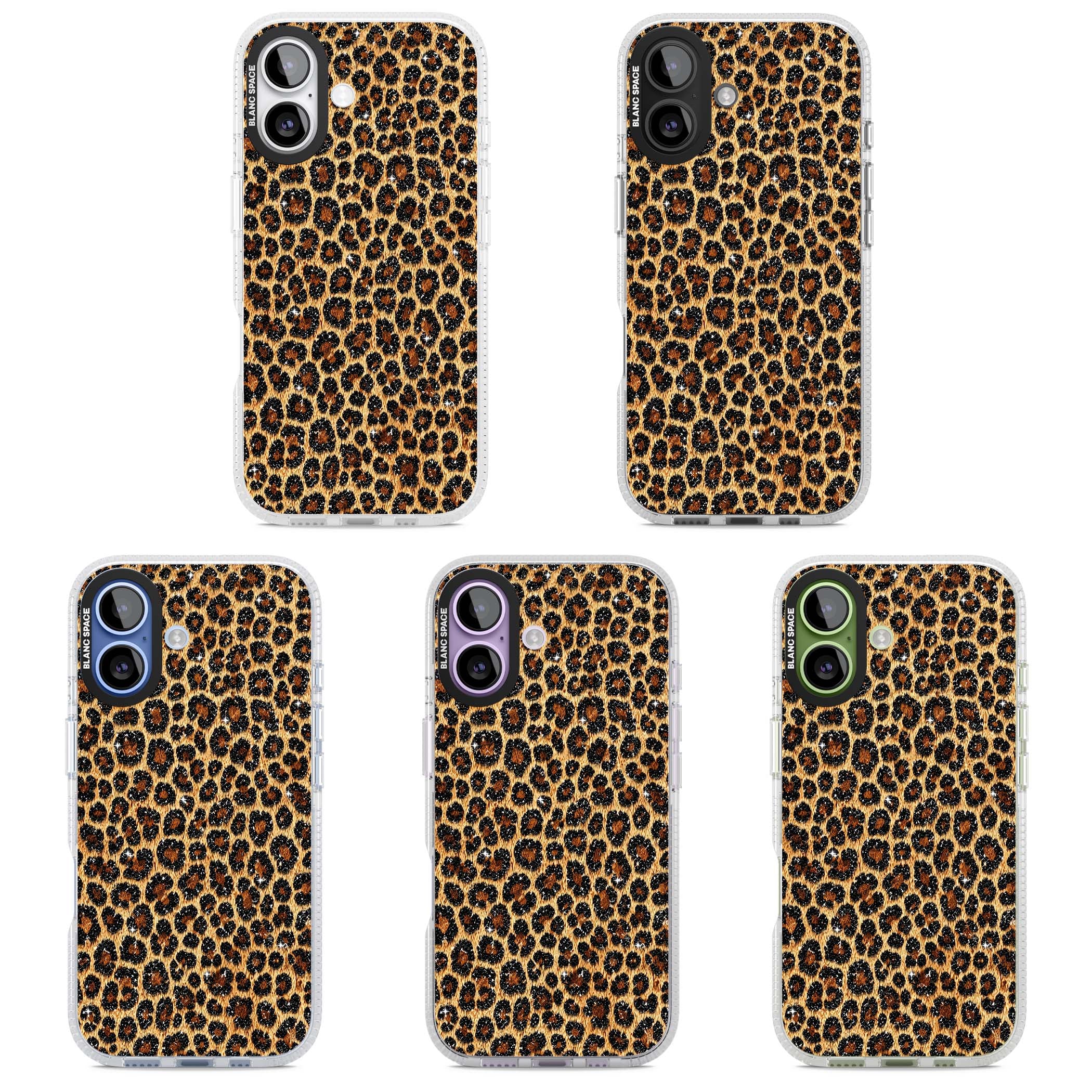 Diamond Leopard leopard print iPhone case featuring golden tan fur, black rosette spots and subtle glitter sparkle | Clear Case Impact Air case for iPhone 17