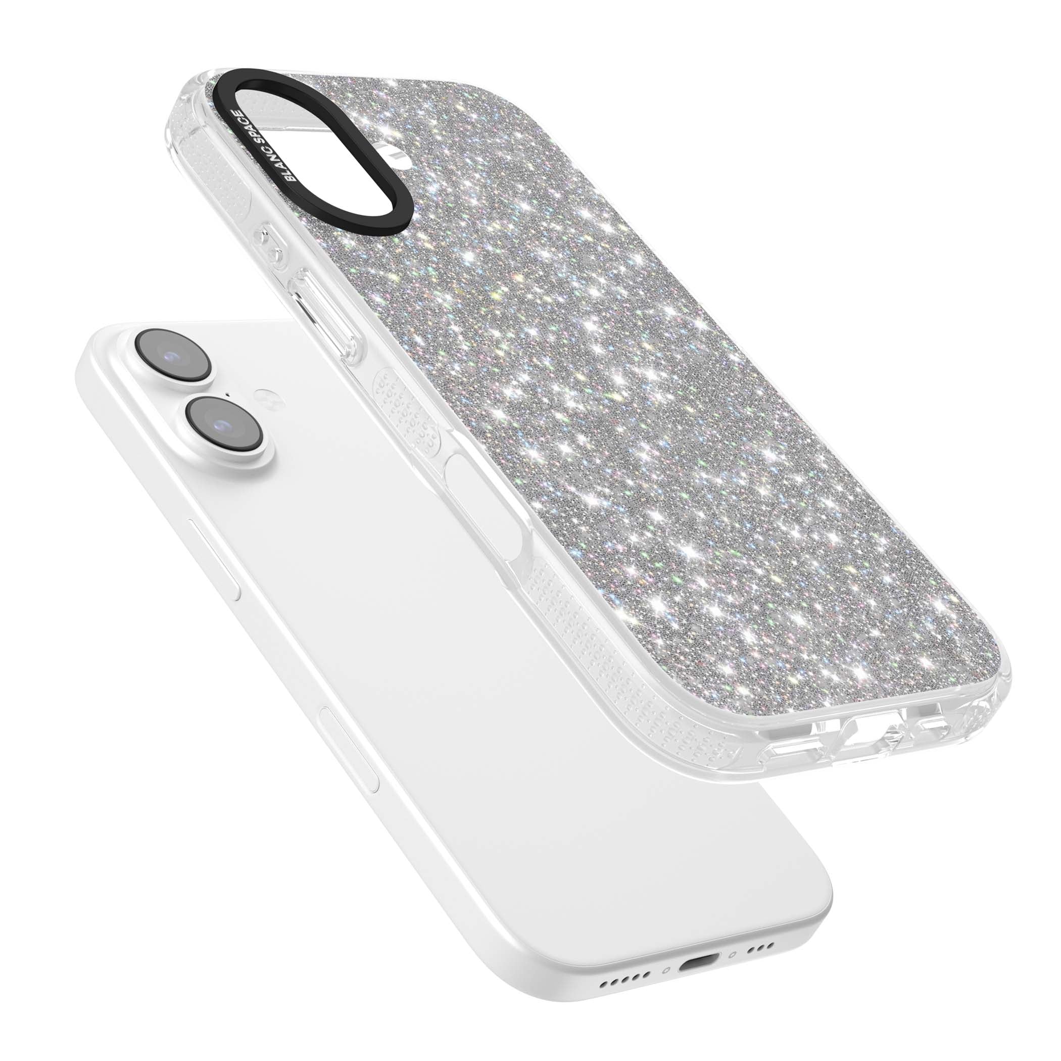 Diamond glam iPhone case featuring silver glitter sparkle and shimmering diamond dust effect | Clear Case Impact Air case for iPhone 17