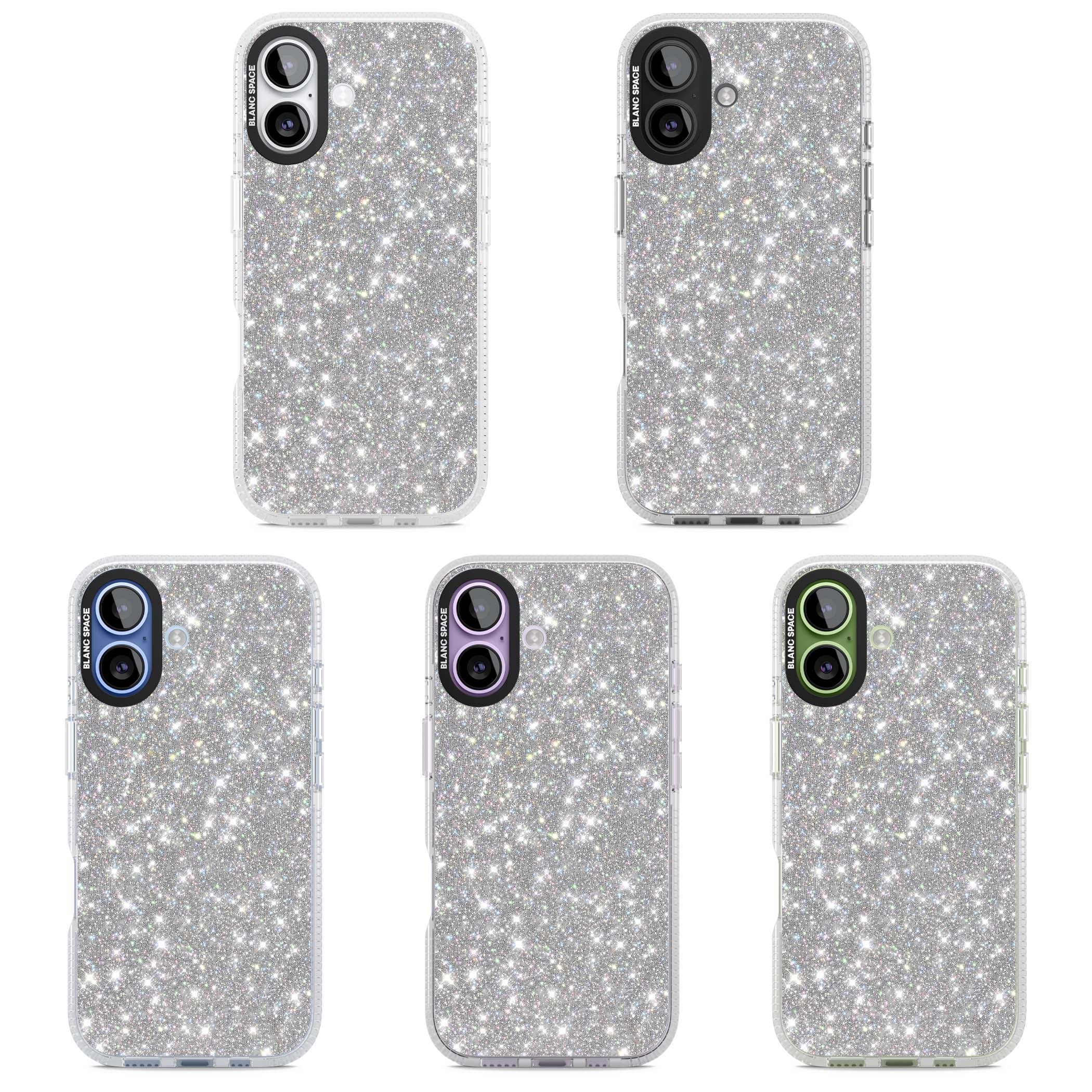 Diamond glam iPhone case featuring silver glitter sparkle and shimmering diamond dust effect | Clear Case Impact Air case for iPhone 17