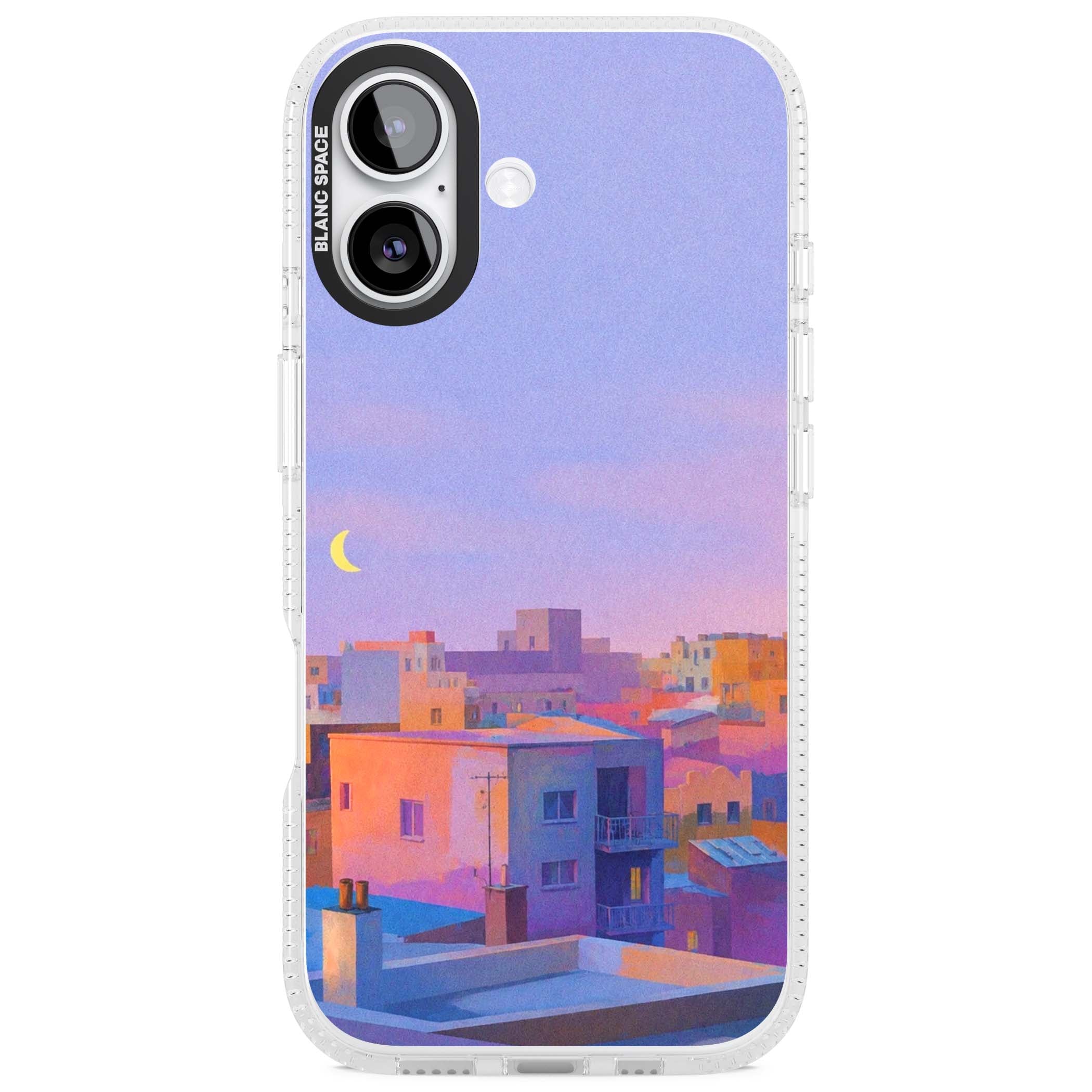 Twilight Rooftops vaporwave iPhone case featuring a pastel sunset cityscape, painted rooftops and a crescent moon. | Clear Case Impact Air case for iPhone 17