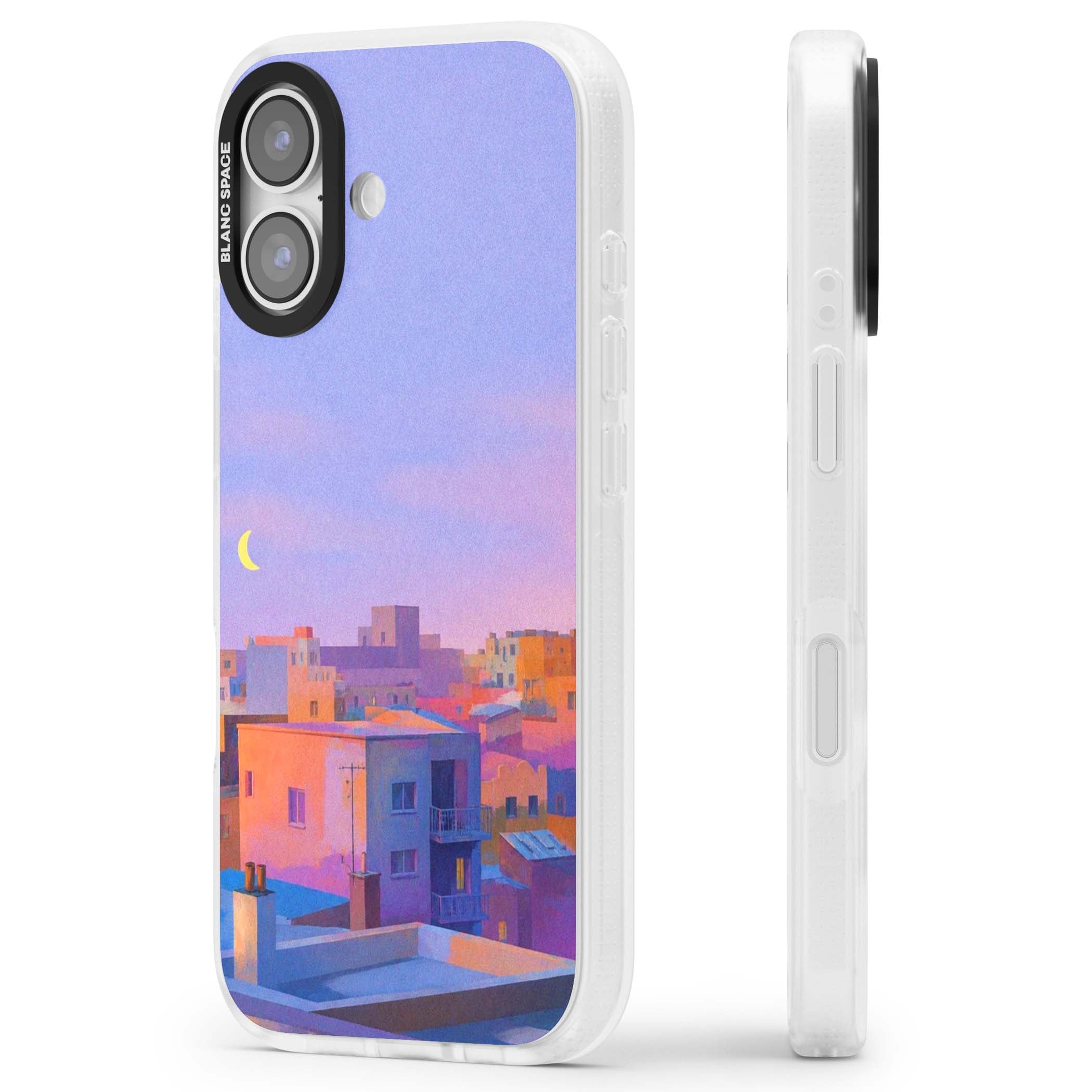 Twilight Rooftops vaporwave iPhone case featuring a pastel sunset cityscape, painted rooftops and a crescent moon. | Clear Case Impact Air case for iPhone 17