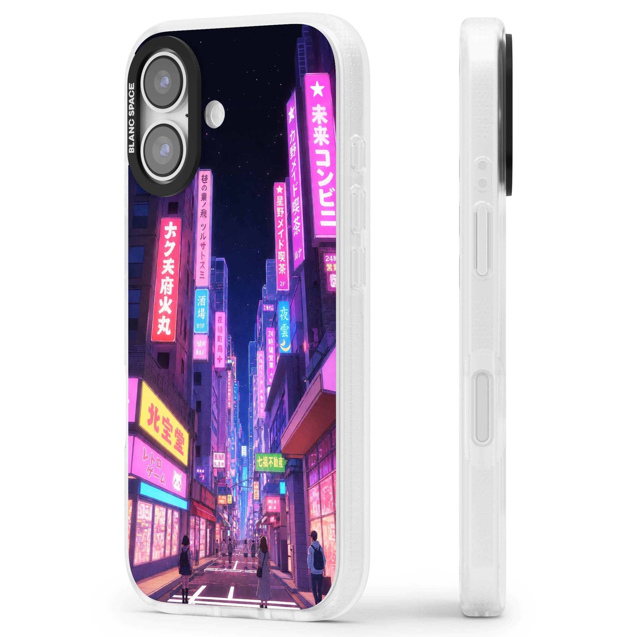 Shibuya At Night Japanese neon city iPhone case featuring glowing kanji signs, pink storefronts and a Tokyo street at n | Clear Case Impact Air case for iPhone 17
