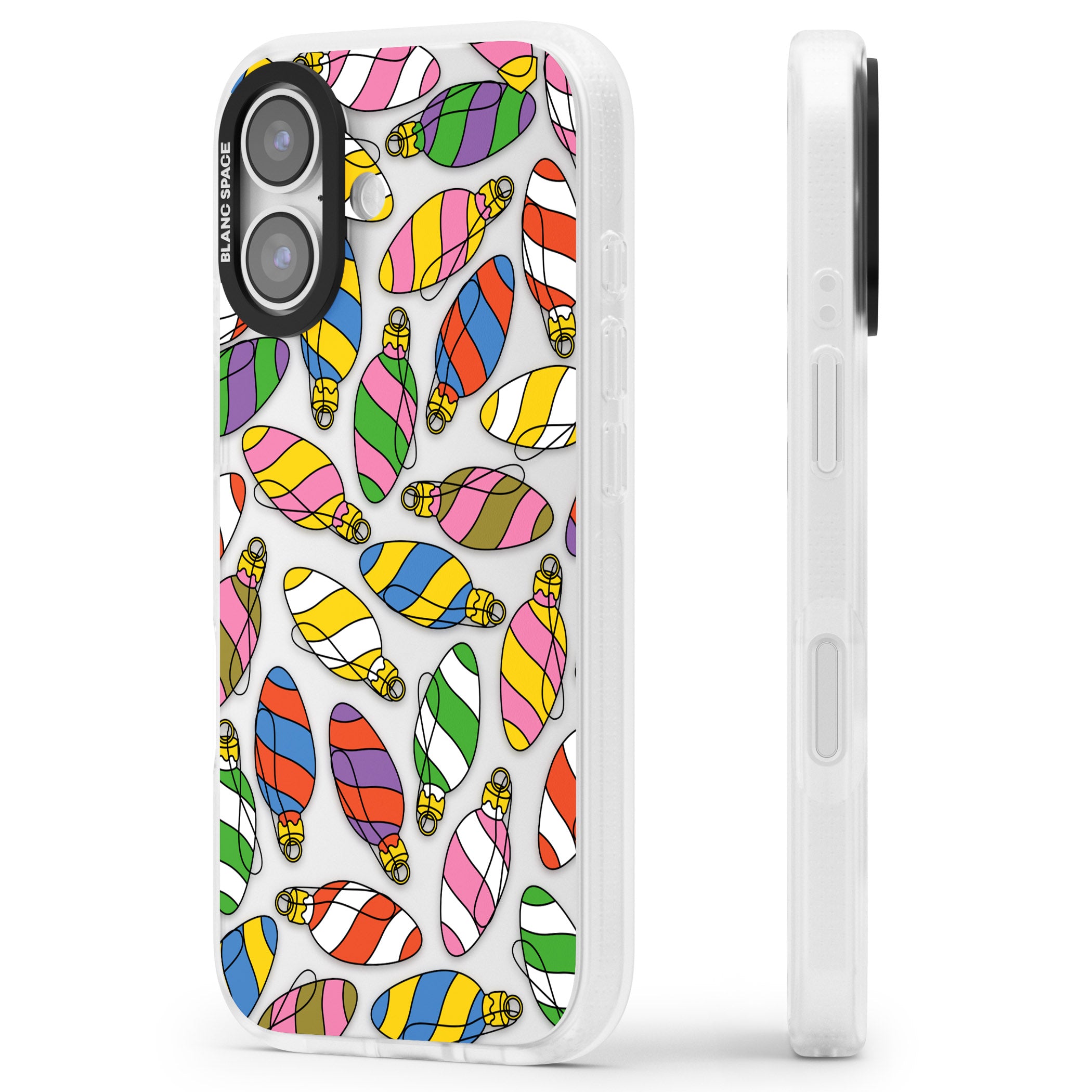 Colourful Holiday Ornaments iPhone 17 Impact Air Clear Phone Case Side Profile