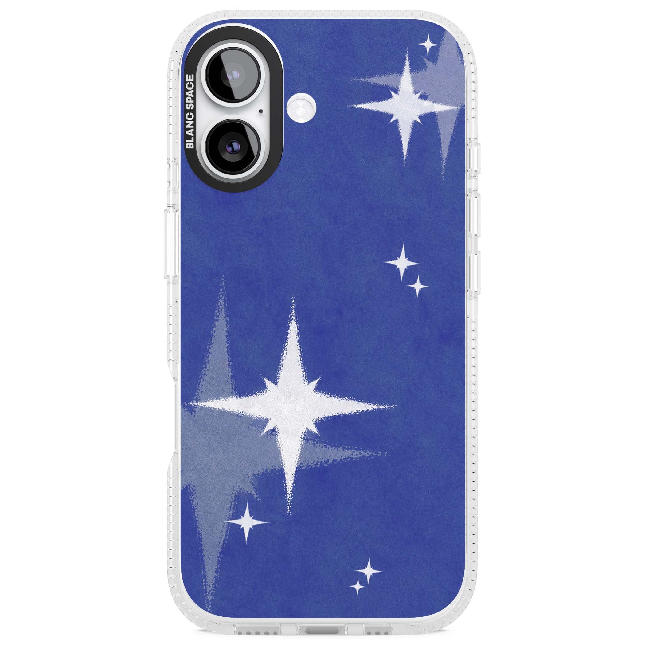 Blue Sparkle celestial iPhone case featuring sparkling silver stars on a deep blue painterly night sky | Clear Case Impact Air case for iPhone 17
