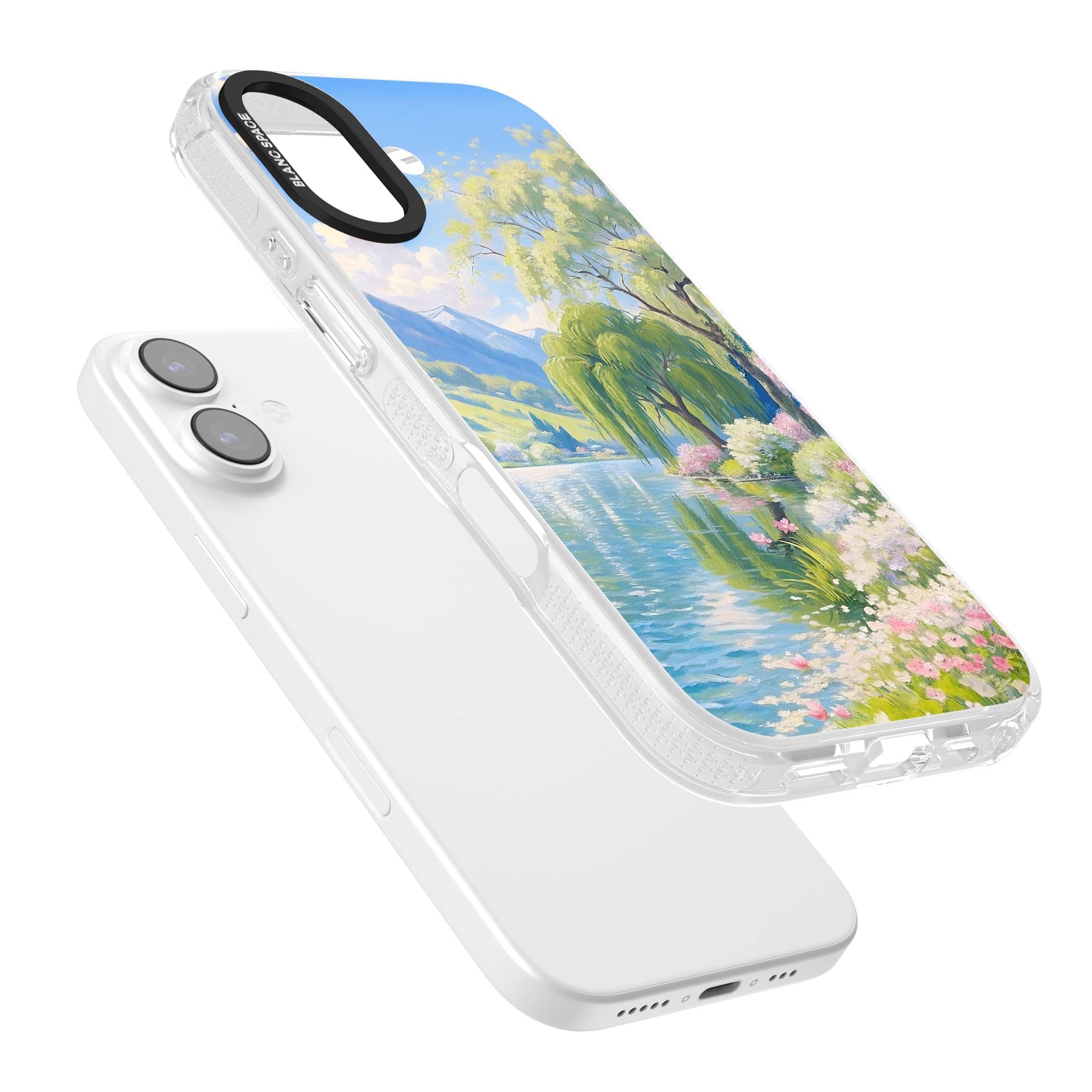 Willow Lake cottagecore iPhone case featuring a painted lakeside with weeping willow, blossoms and distant mountains | Clear Case Impact Air case for iPhone 17