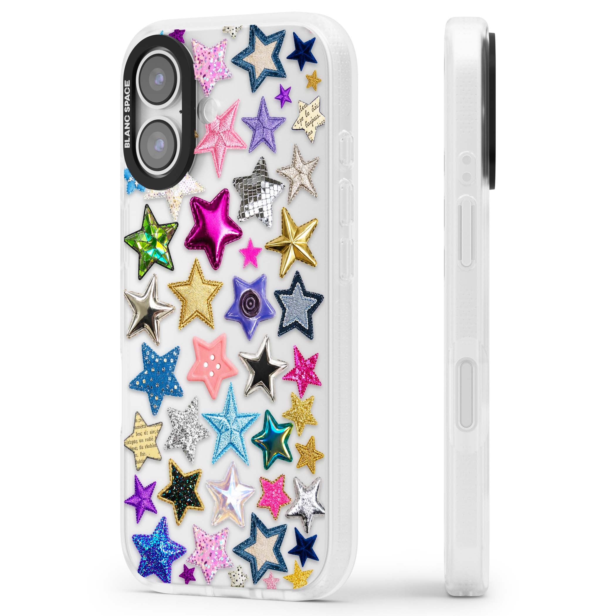 Crafty Star Mix Y2K iPhone case featuring embroidered, sequinned and glitter star patches in rainbow colours | Clear Case Impact Air case for iPhone 17