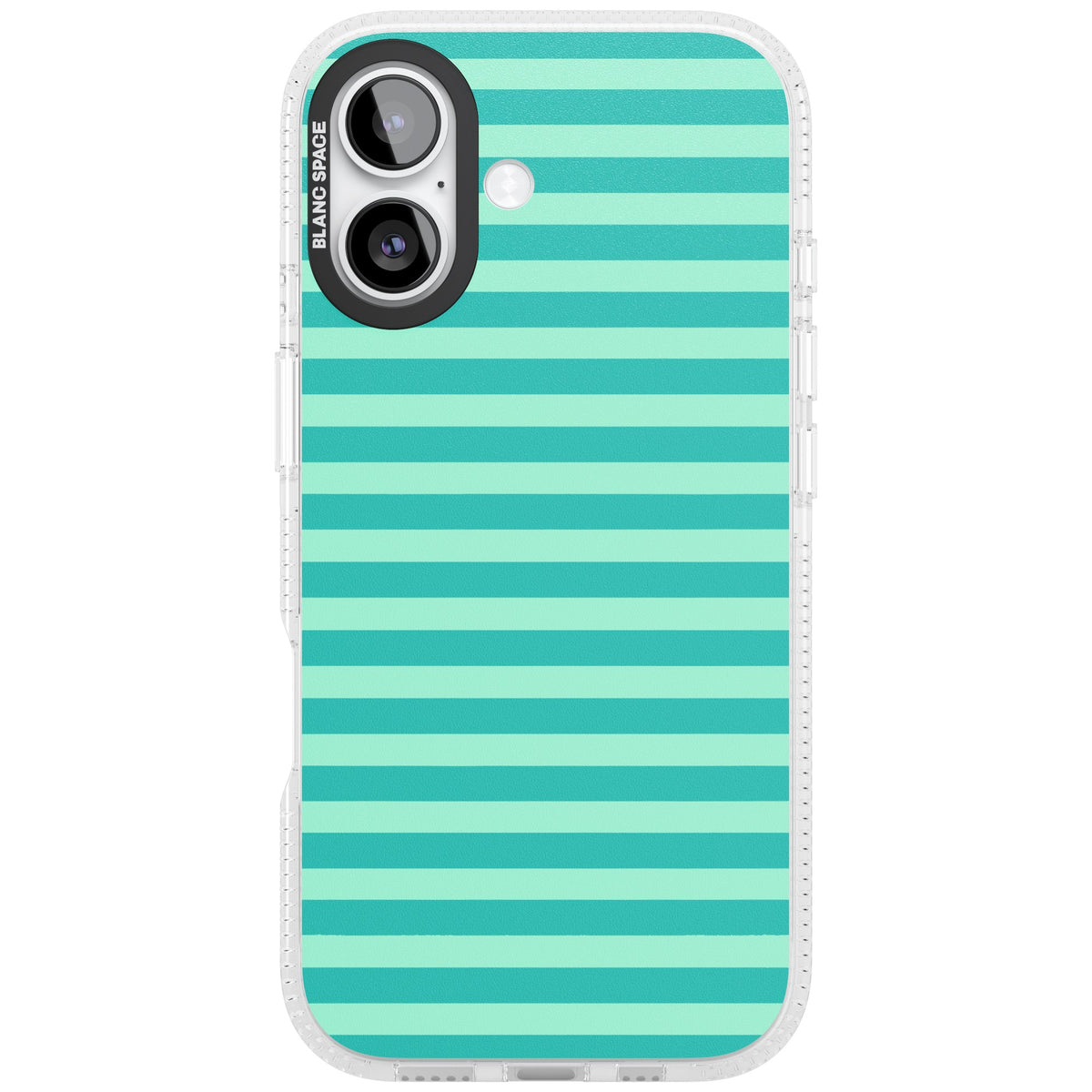 Turquoise Stripe preppy iPhone case featuring horizontal teal and mint green stripes on a black protective frame iPhone 16 / iPhone 16 Plus / iPhone 17 Impact Air Phone Case front