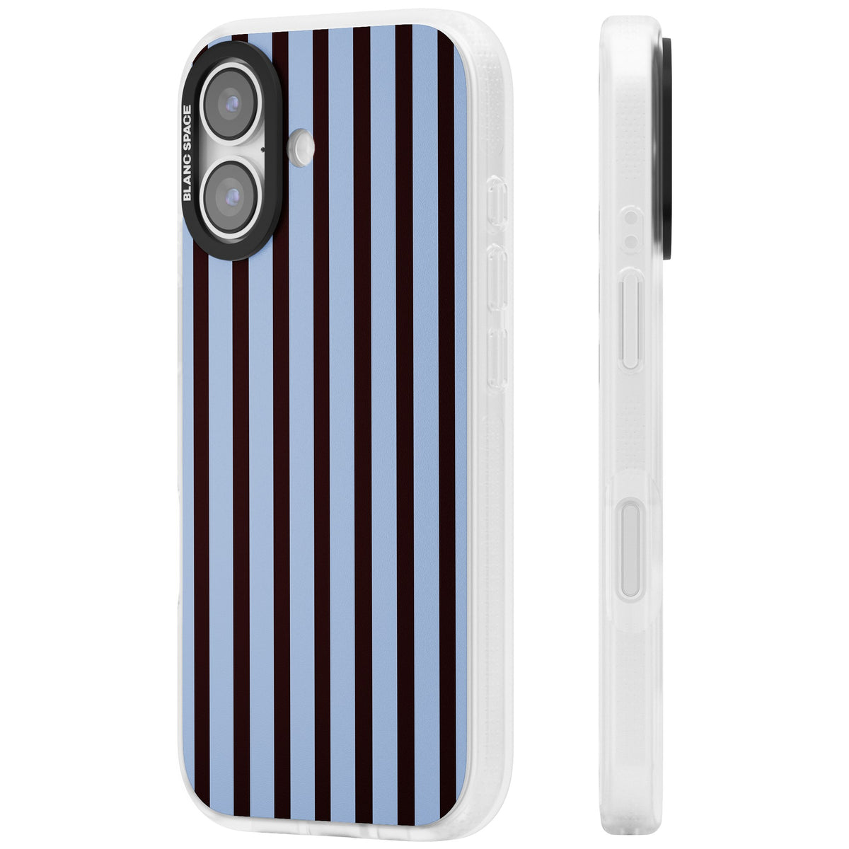 Blackcurrant Stripe preppy iPhone case featuring vertical burgundy and light blue stripes in a classic pinstripe layout iPhone 16 / iPhone 16 Plus / iPhone 17 Impact Air Phone Case side