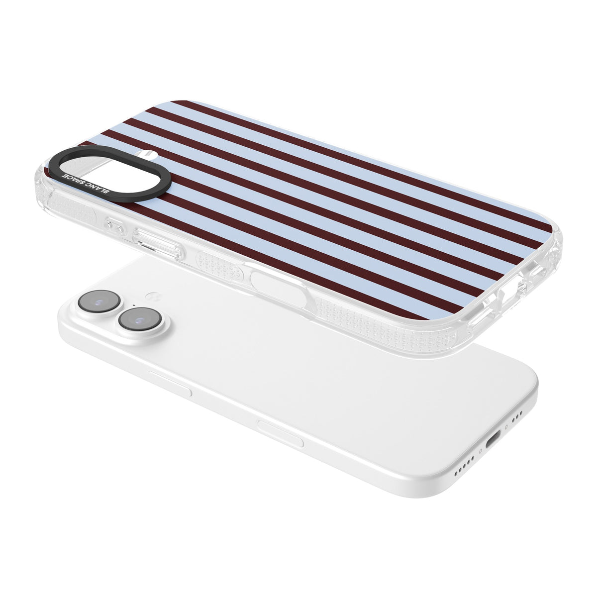 Blackcurrant Stripe preppy iPhone case featuring vertical burgundy and light blue stripes in a classic pinstripe layout iPhone 16 / iPhone 16 Plus / iPhone 17 Impact Air Phone Case angled