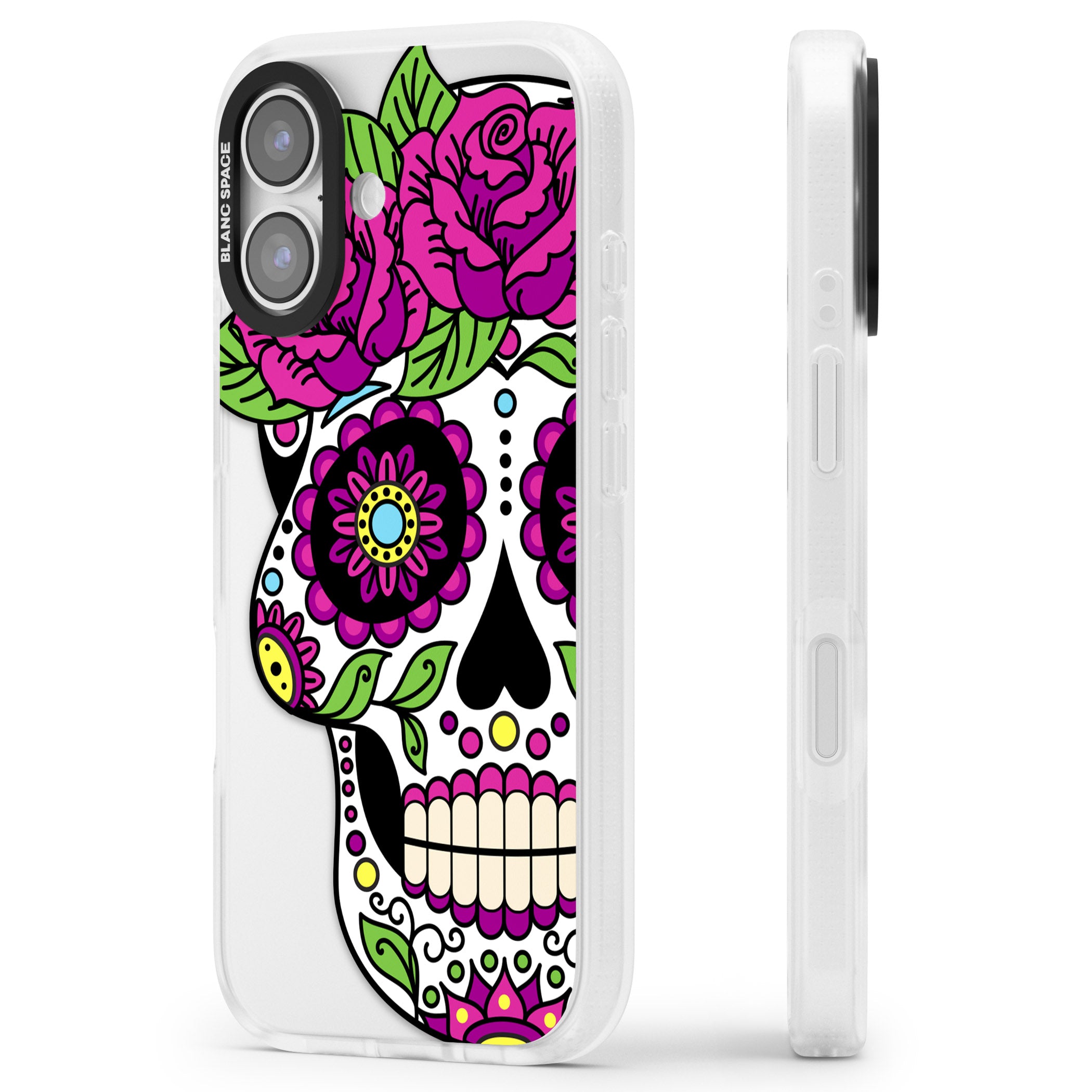 Purple Floral Sugar Skull iPhone 17 Impact Air Clear Phone Case Side Profile