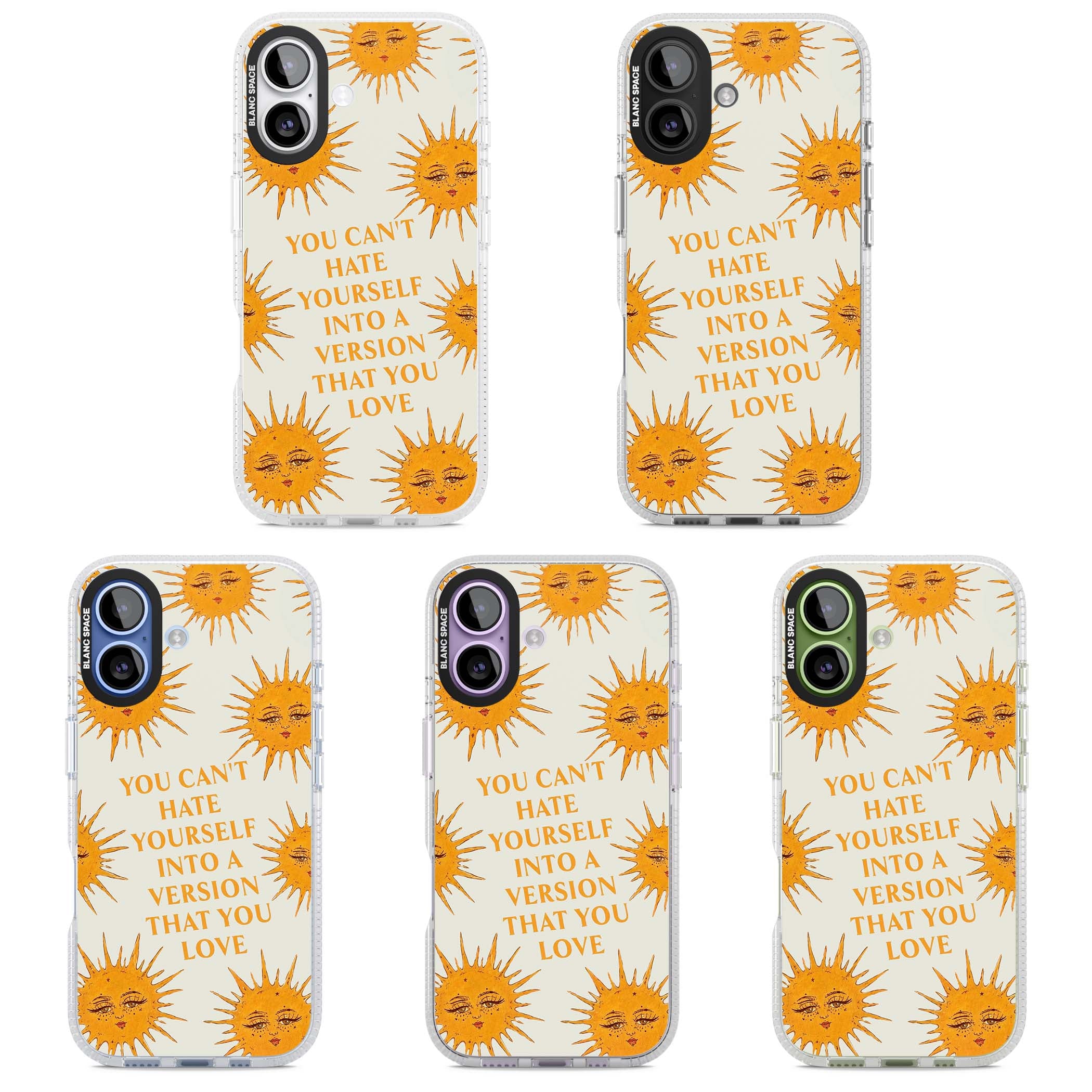 Don't Hate Yourself celestial iPhone case featuring vintage sun faces, ochre rays and a self-love quote | Clear Case Impact Air case for iPhone 17