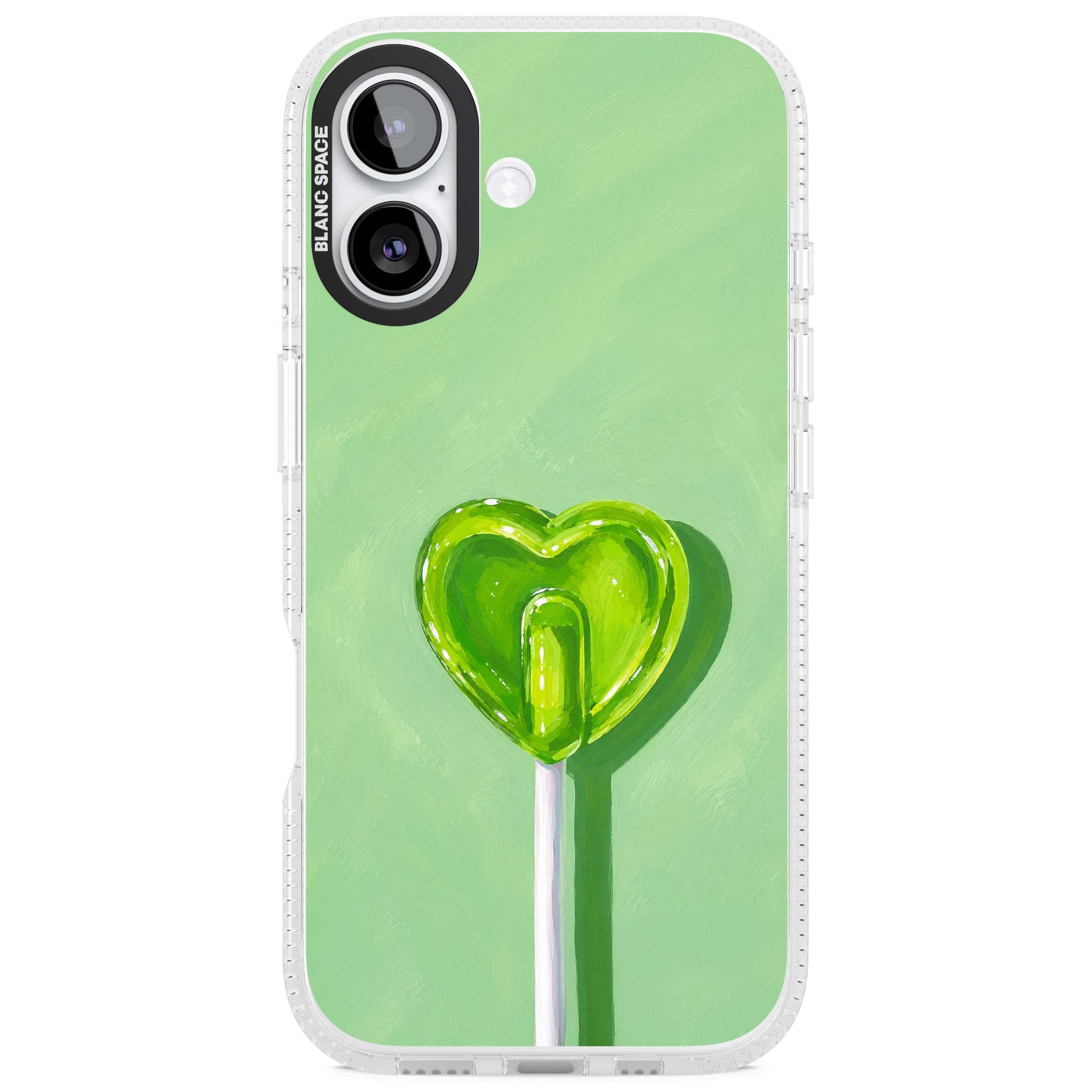 Green Lollipop candy art iPhone case featuring a glossy green heart-shaped lollipop on a painted pastel green background | Clear Case Impact Air case for iPhone 17