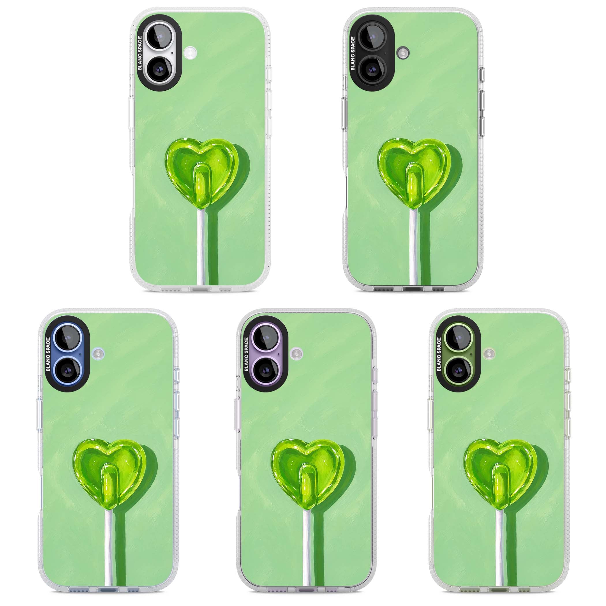 Green Lollipop candy art iPhone case featuring a glossy green heart-shaped lollipop on a painted pastel green background | Clear Case Impact Air case for iPhone 17