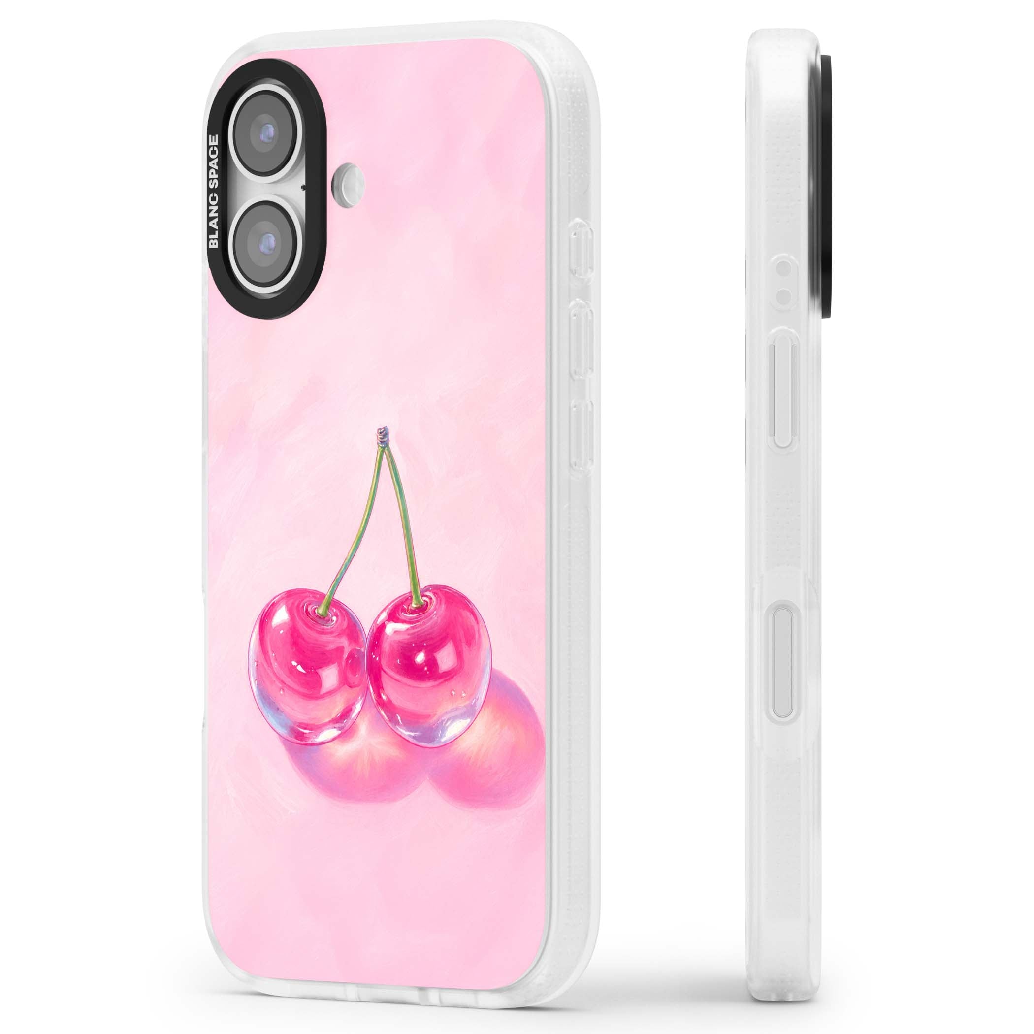 Pink Glass Cherry coquette iPhone case featuring two glossy painted cherries on a soft pink background | Clear Case Impact Air case for iPhone 17
