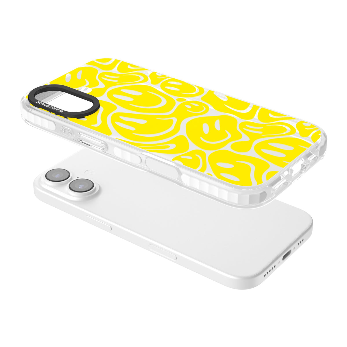 Yellow Acid Faces iPhone 16 / iPhone 16 Plus / iPhone 17 Impact Clear Phone Case angled